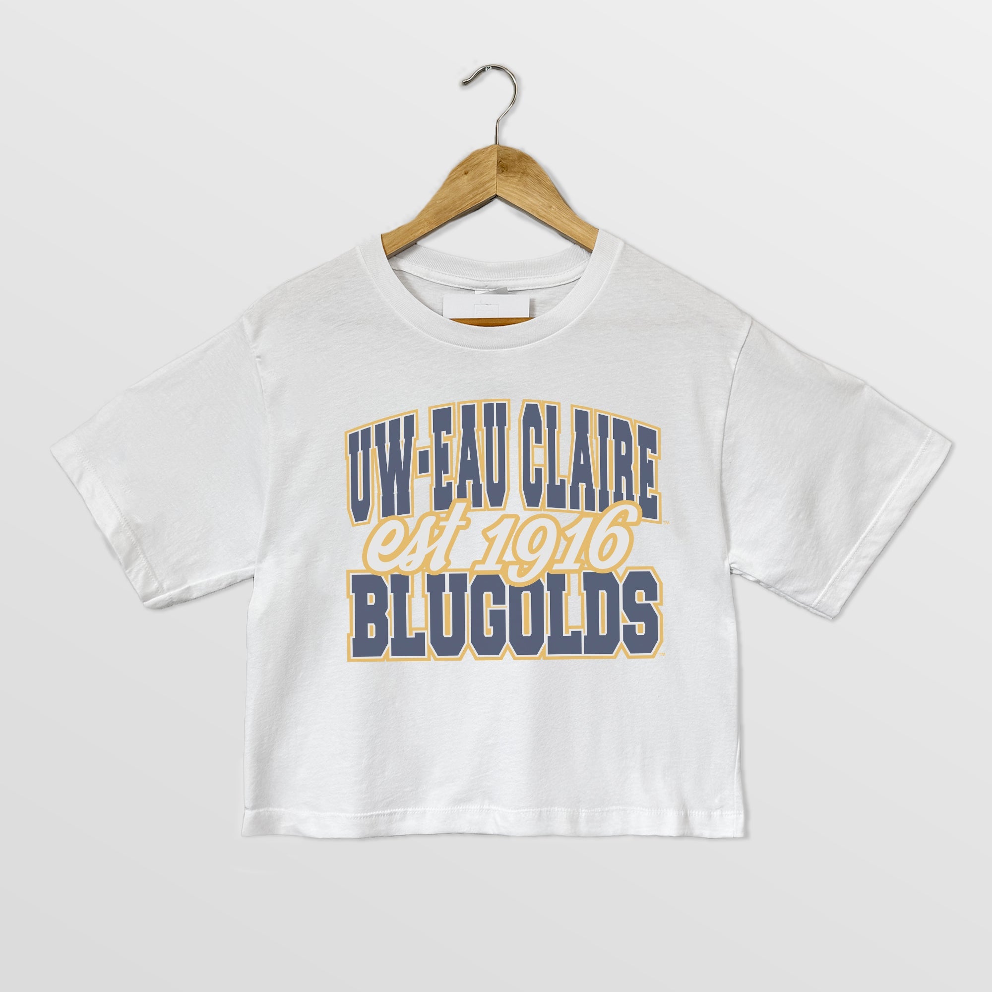 WISCONSIN-EAU CLAIRE BLUGOLDS DEEP ROOTS BOXY FIT WOMEN'S CROPPED TEE