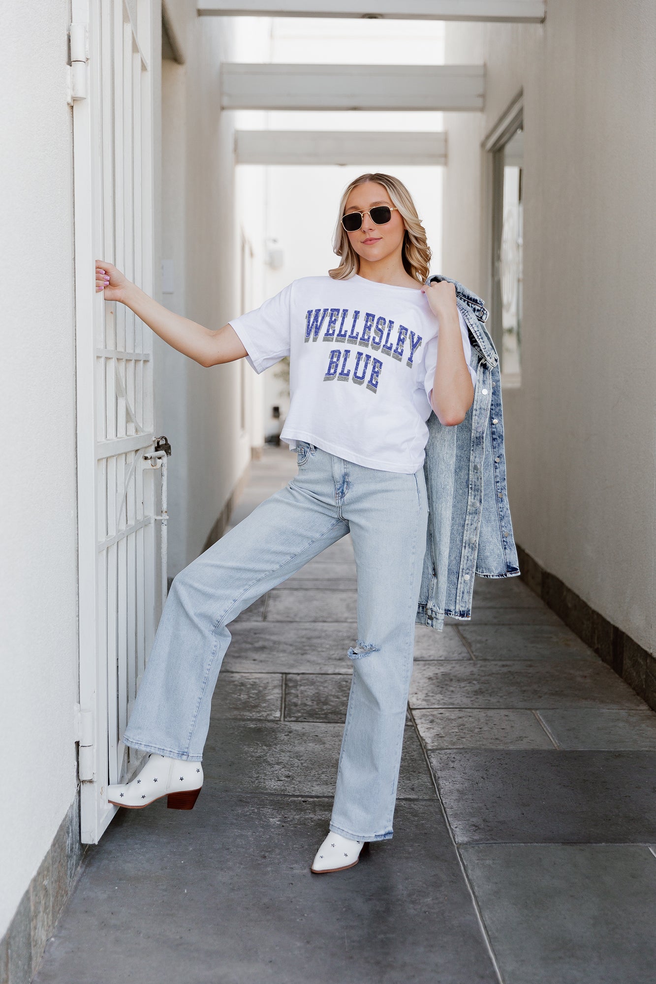 White Wellesley Blue Claim To Fame Boxy Crop Tee - Styled with Denim Jacket, Full Body | Gameday Couture - SOHO