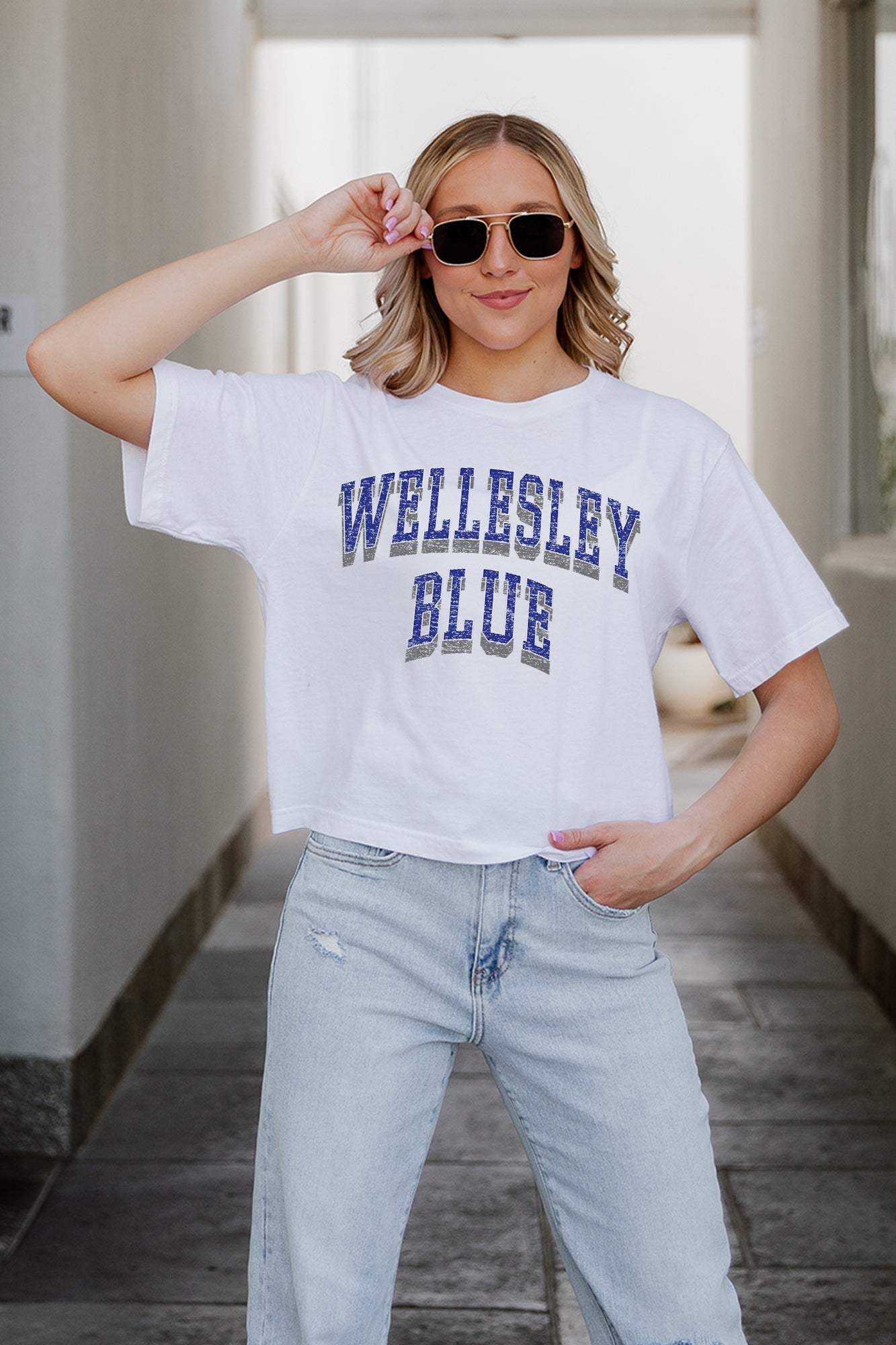 White Wellesley Blue Claim To Fame Boxy Crop Tee - Graphic Detail Close-Up On Model | Gameday Couture - SOHO