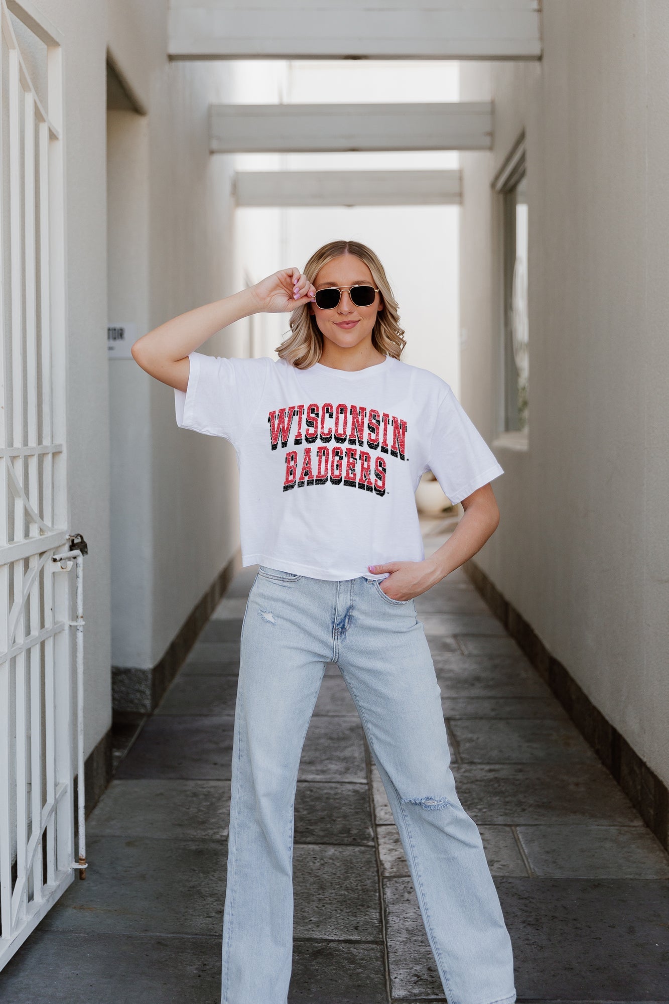 White WISCONSIN BADGERS CLAIM TO FAME BOXY FIT Crop Tee - Front View | Gameday Couture - SOHO