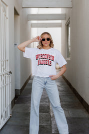 White WISCONSIN BADGERS CLAIM TO FAME BOXY FIT Crop Tee - Front View | Gameday Couture - SOHO