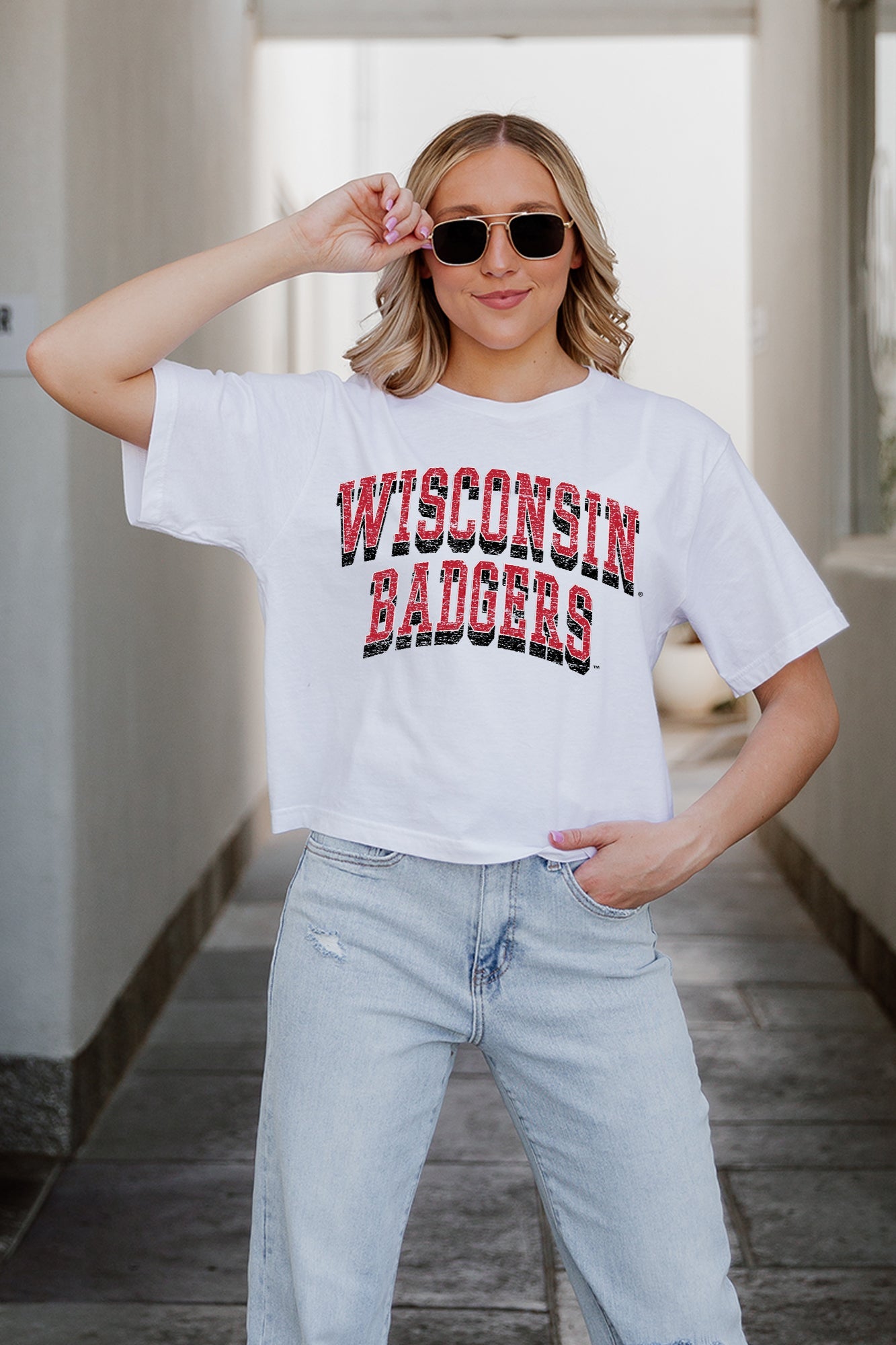 WISCONSIN BADGERS CLAIM TO FAME BOXY FIT Crop Tee - Close-Up Detail | Gameday Couture - SOHO