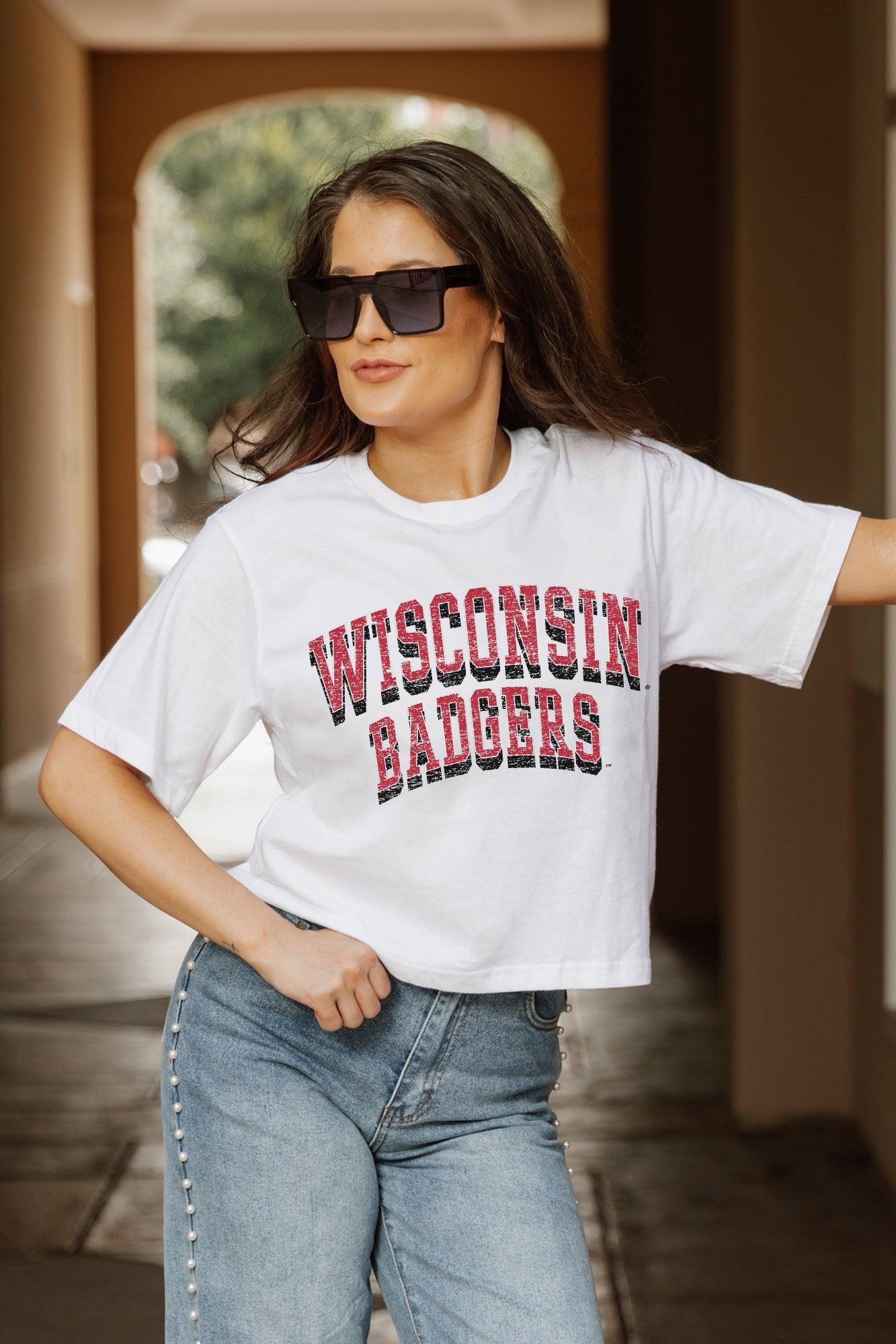 WISCONSIN BADGERS CLAIM TO FAME BOXY FIT Crop Tee - Outdoor Model | Gameday Couture - SOHO