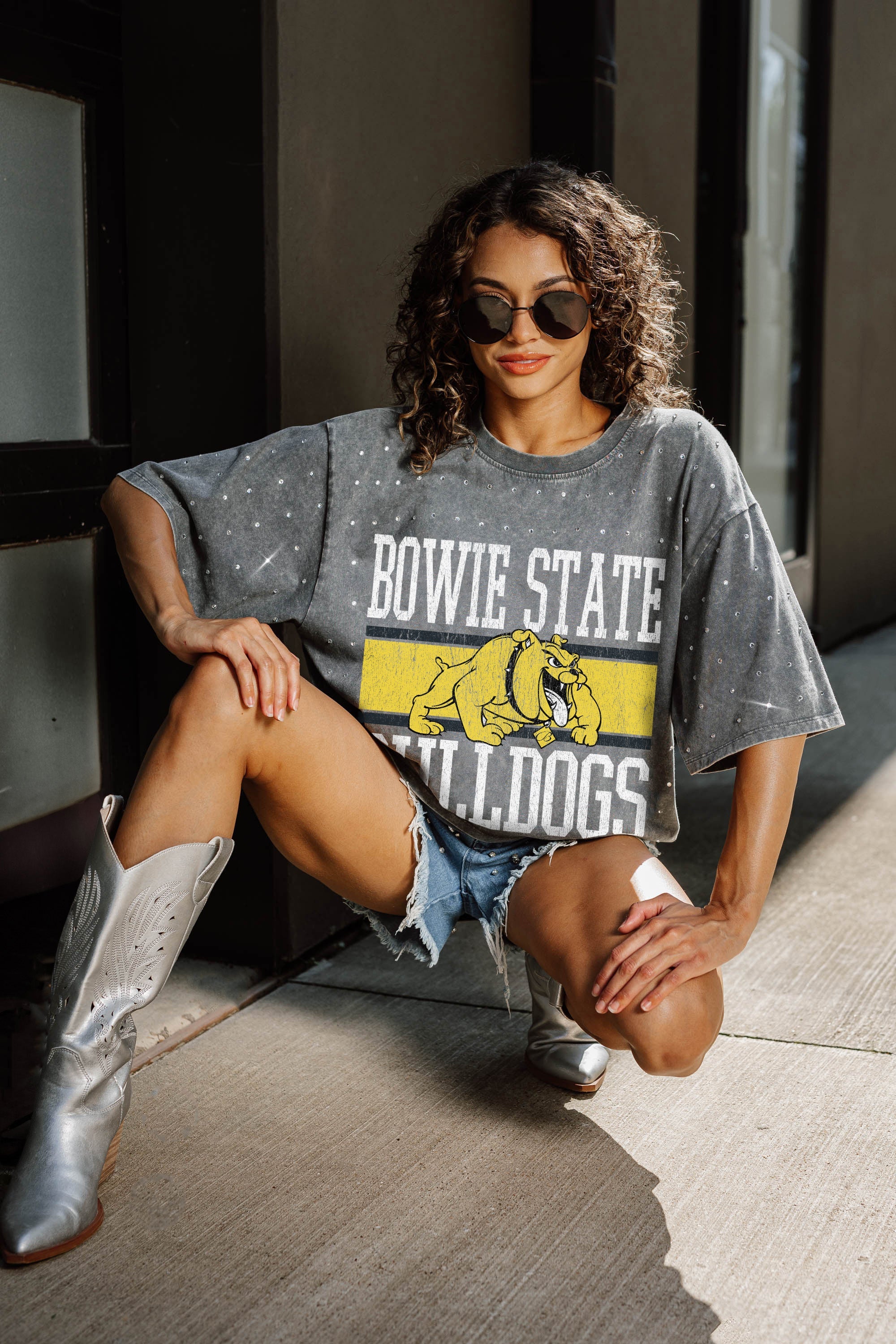 Grey Bowie State Bulldogs Mini Rhinestone Tee - On Model Seated Look | Gameday Couture - SOHO