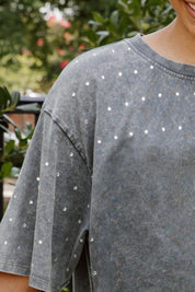 Grey Bowie State Bulldogs Mini Rhinestone Tee - Shoulder Detail Close-Up | Gameday Couture - SOHO
