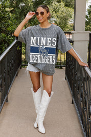 Grey Mines Orediggers Rhinestone Oversized Tee - On Model Walking with Denim Shorts | Gameday Couture - SOHO