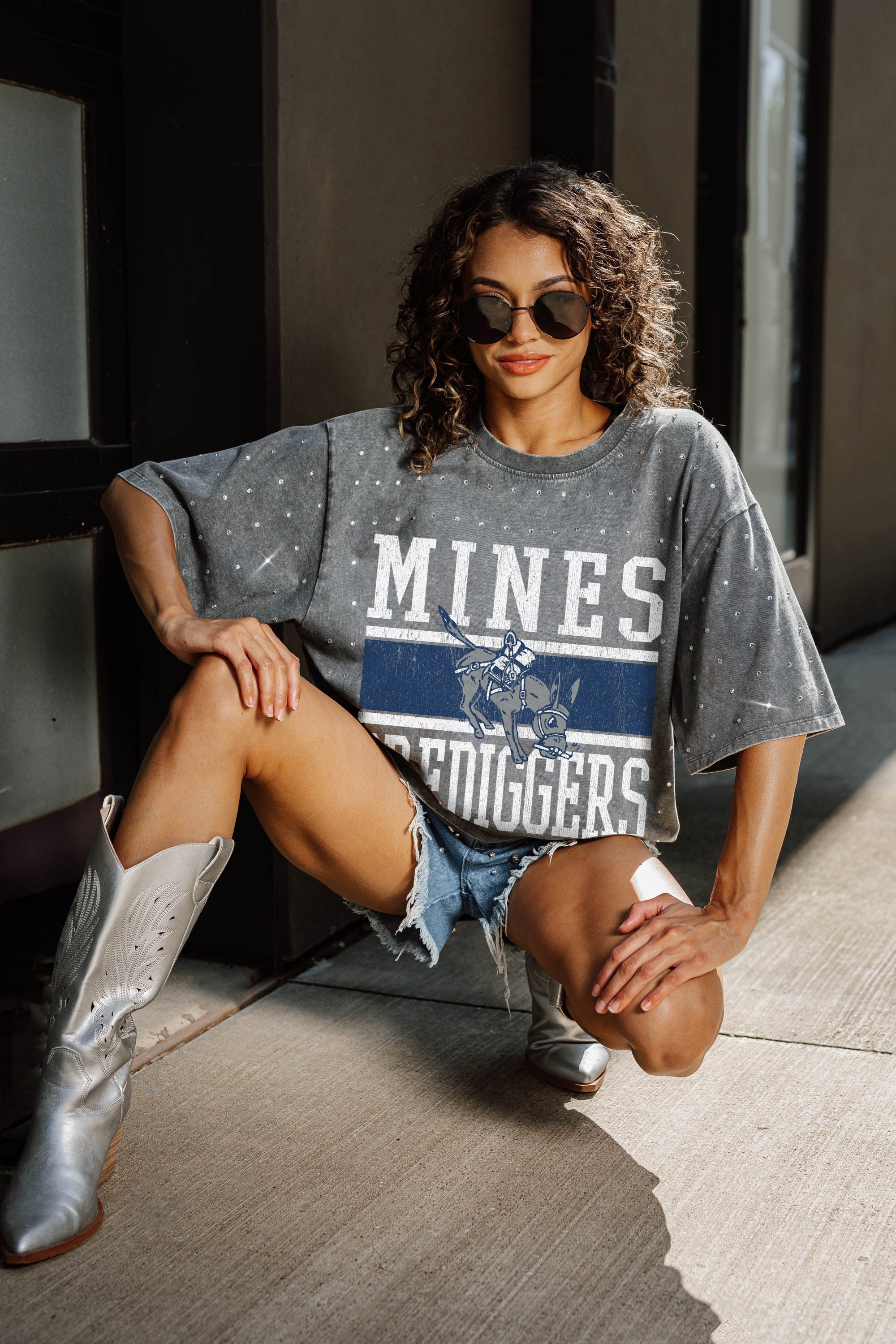Grey Colorado Mines Orediggers Mini Rhinestone Tee - Seated Styled Look with Silver Boots | Gameday Couture - SOHO