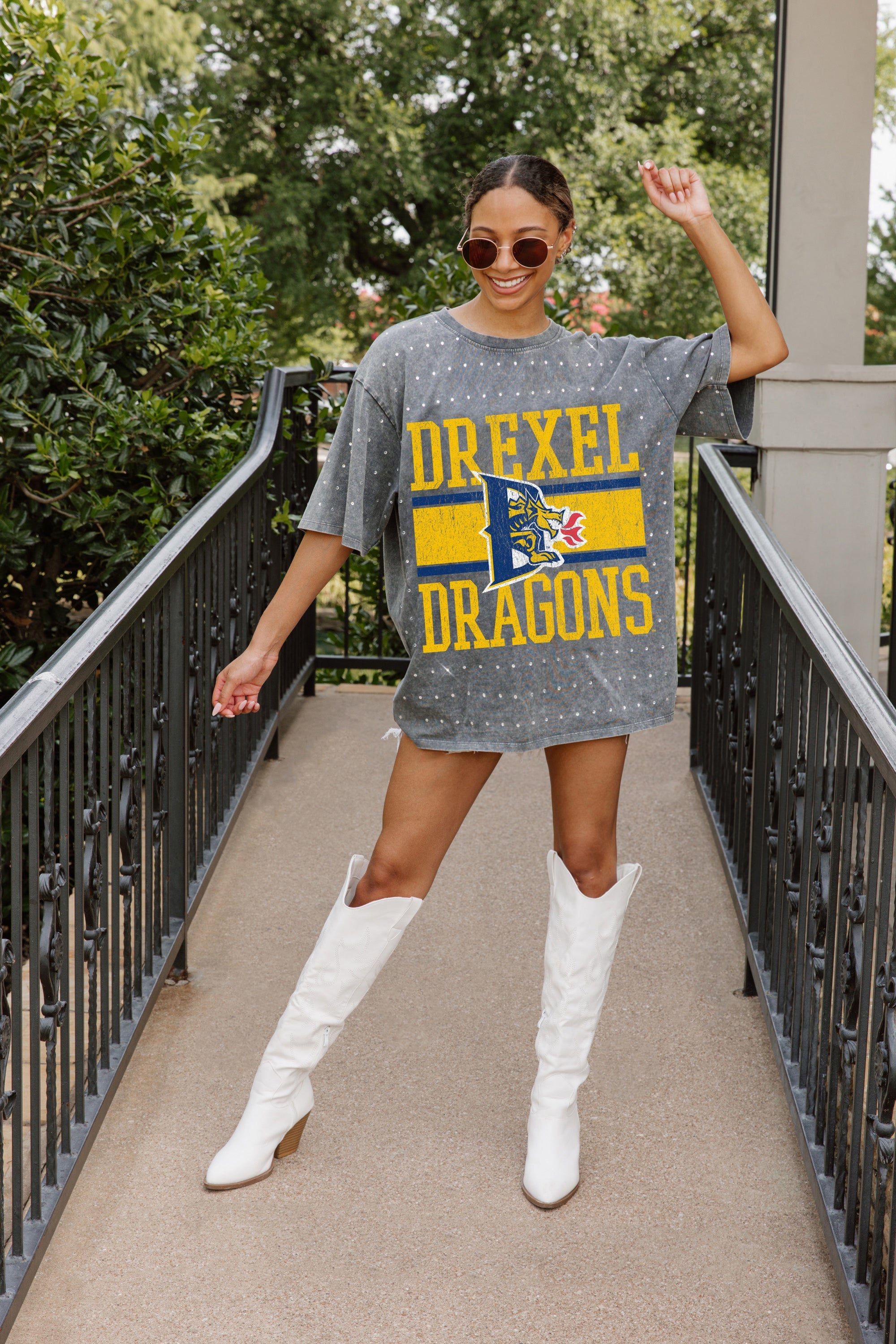 Grey DREXEL UNIVERSITY DRAGONS Mini Rhinestone Tee - On Model Full Body | Gameday Couture - SOHO