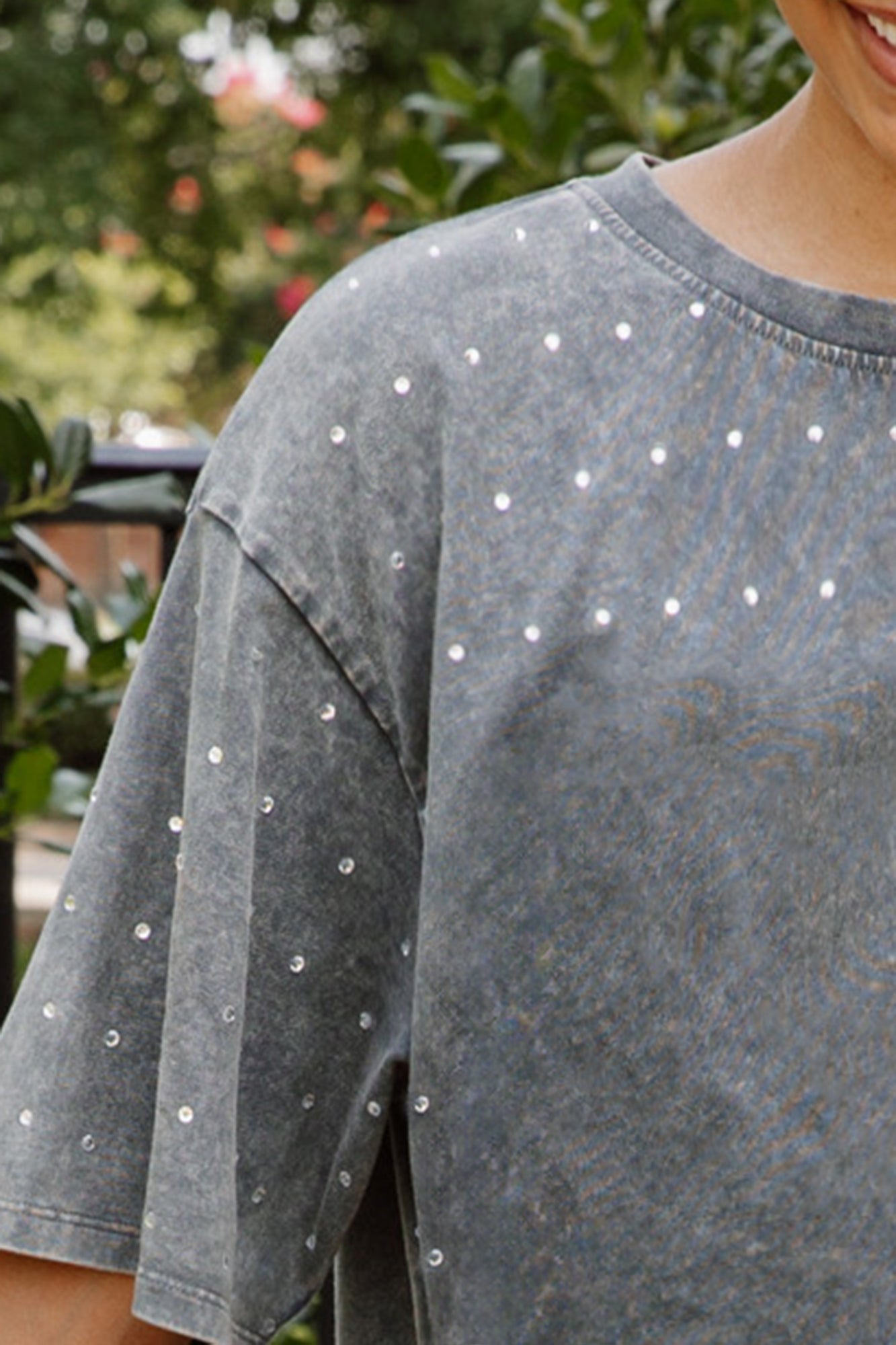 Grey DREXEL UNIVERSITY DRAGONS Mini Rhinestone Tee - Shoulder Detail Close-Up | Gameday Couture - SOHO