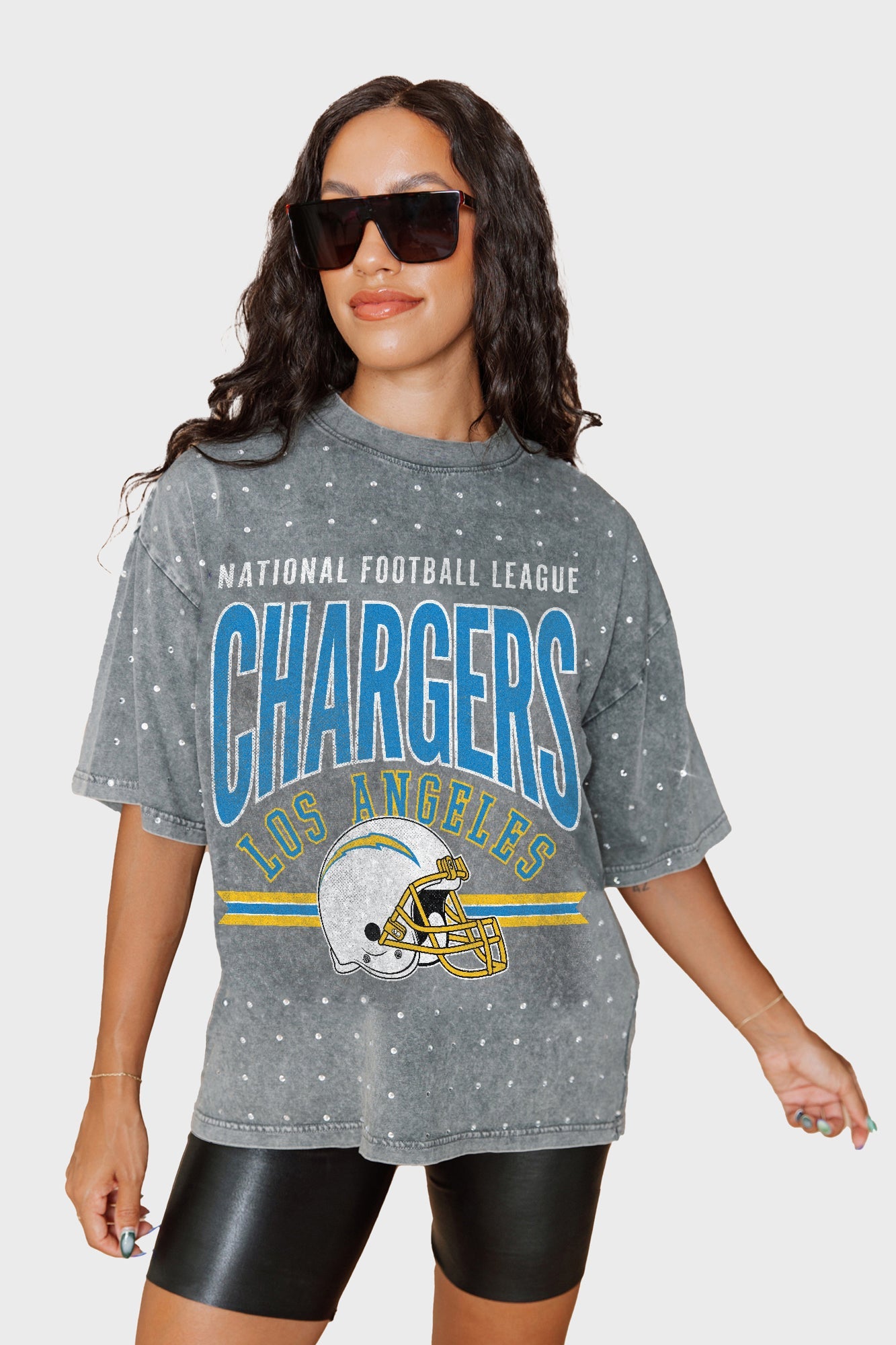 LOS ANGELES CHARGERS PRIME SHINE MINI RHINESTONE SHORT SLEEVE CLASSIC TEE BY RANDI MAHOMES