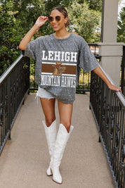 Grey LEHIGH MOUNTAIN HAWKS Mini Rhinestone Tee - Front View On Model | Gameday Couture - SOHO