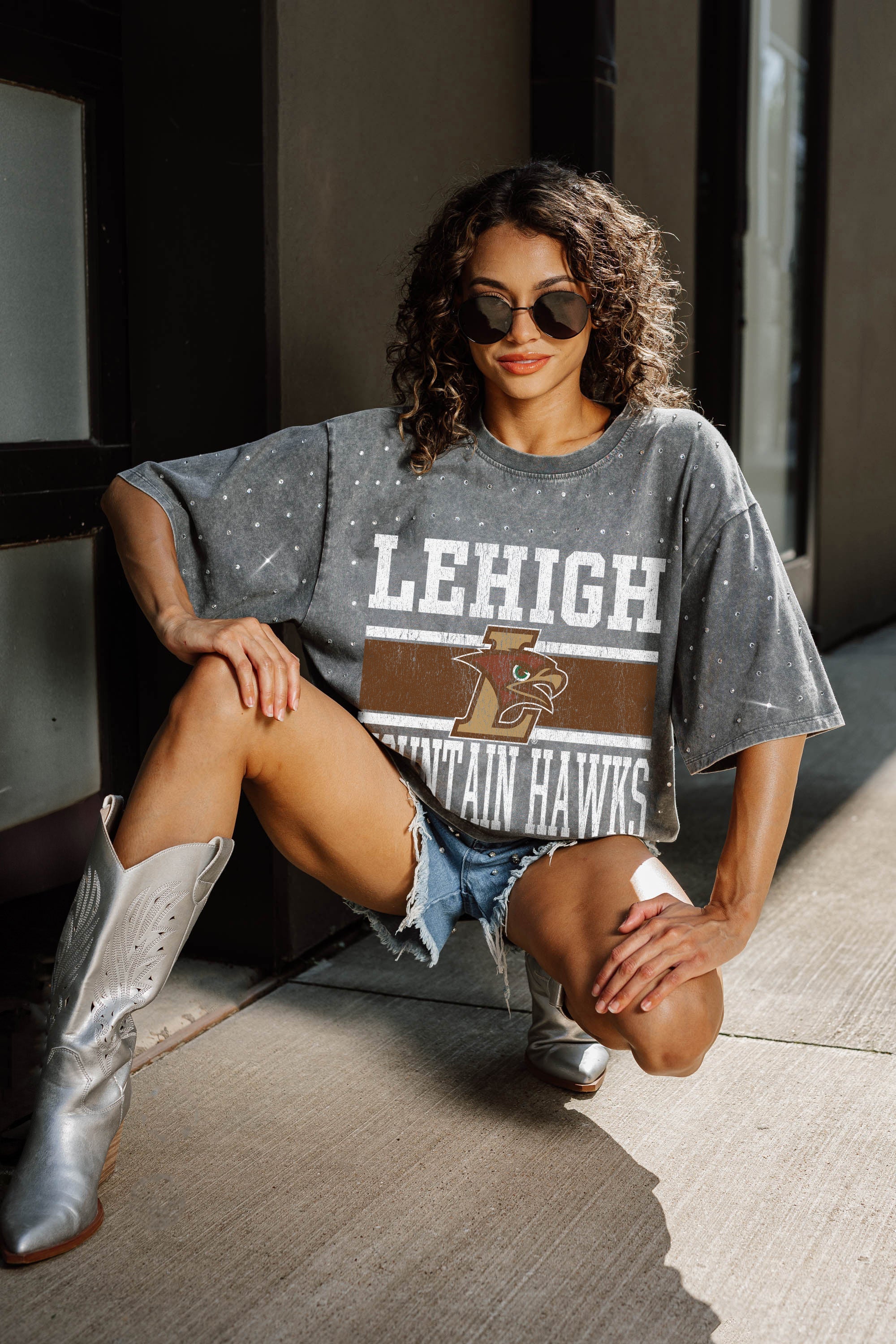Grey LEHIGH MOUNTAIN HAWKS Mini Rhinestone Tee - Seated Styled Look | Gameday Couture - SOHO
