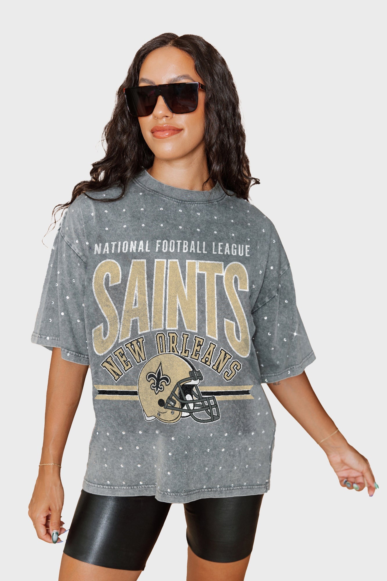 NEW ORLEANS SAINTS PRIME SHINE MINI RHINESTONE SHORT SLEEVE CLASSIC TEE BY RANDI MAHOMES