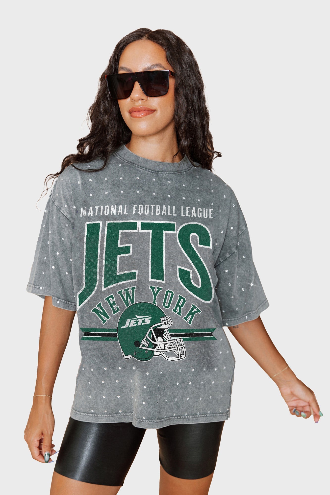 NEW YORK JETS PRIME SHINE MINI RHINESTONE SHORT SLEEVE CLASSIC TEE BY RANDI MAHOMES