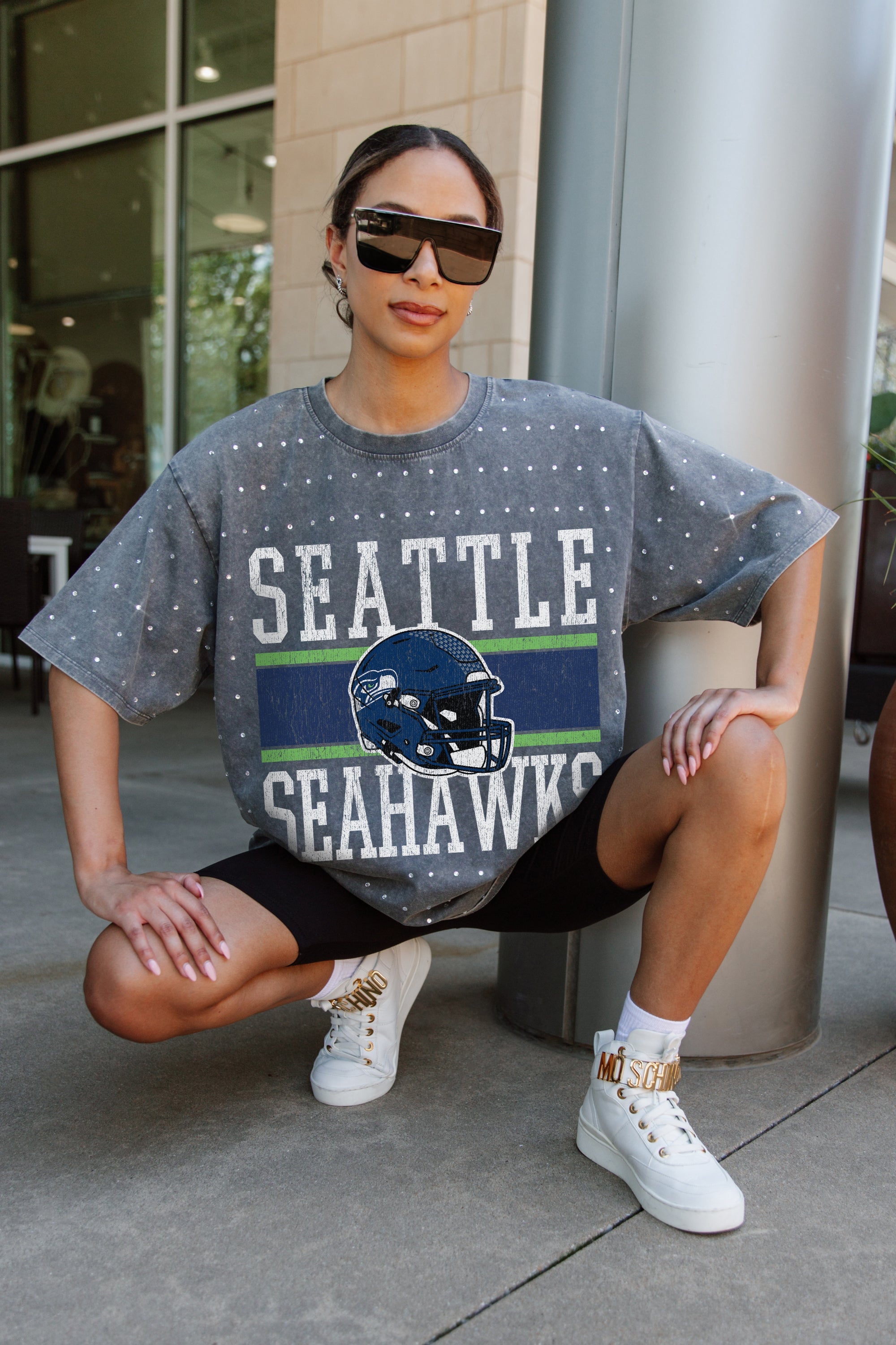 SEATTLE SEAHAWKS ON THE BALL MINI RHINESTONE SHORT SLEEVE CLASSIC TEE