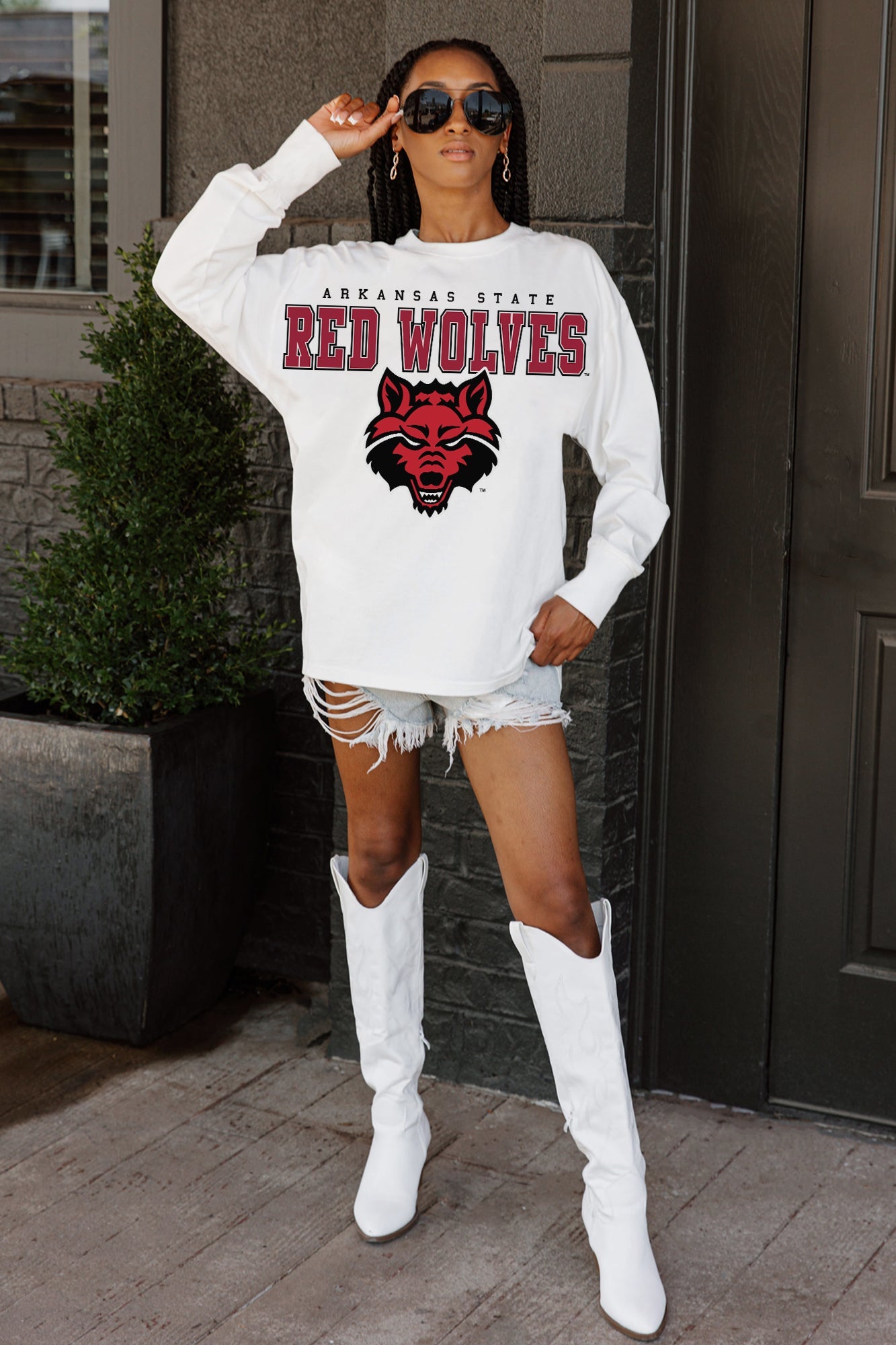 ARKANSAS STATE RED WOLVES BIG GOALS OVERSIZED LONG SLEEVE TEE WITH RIBBED NECKLINE AND CUFFS
