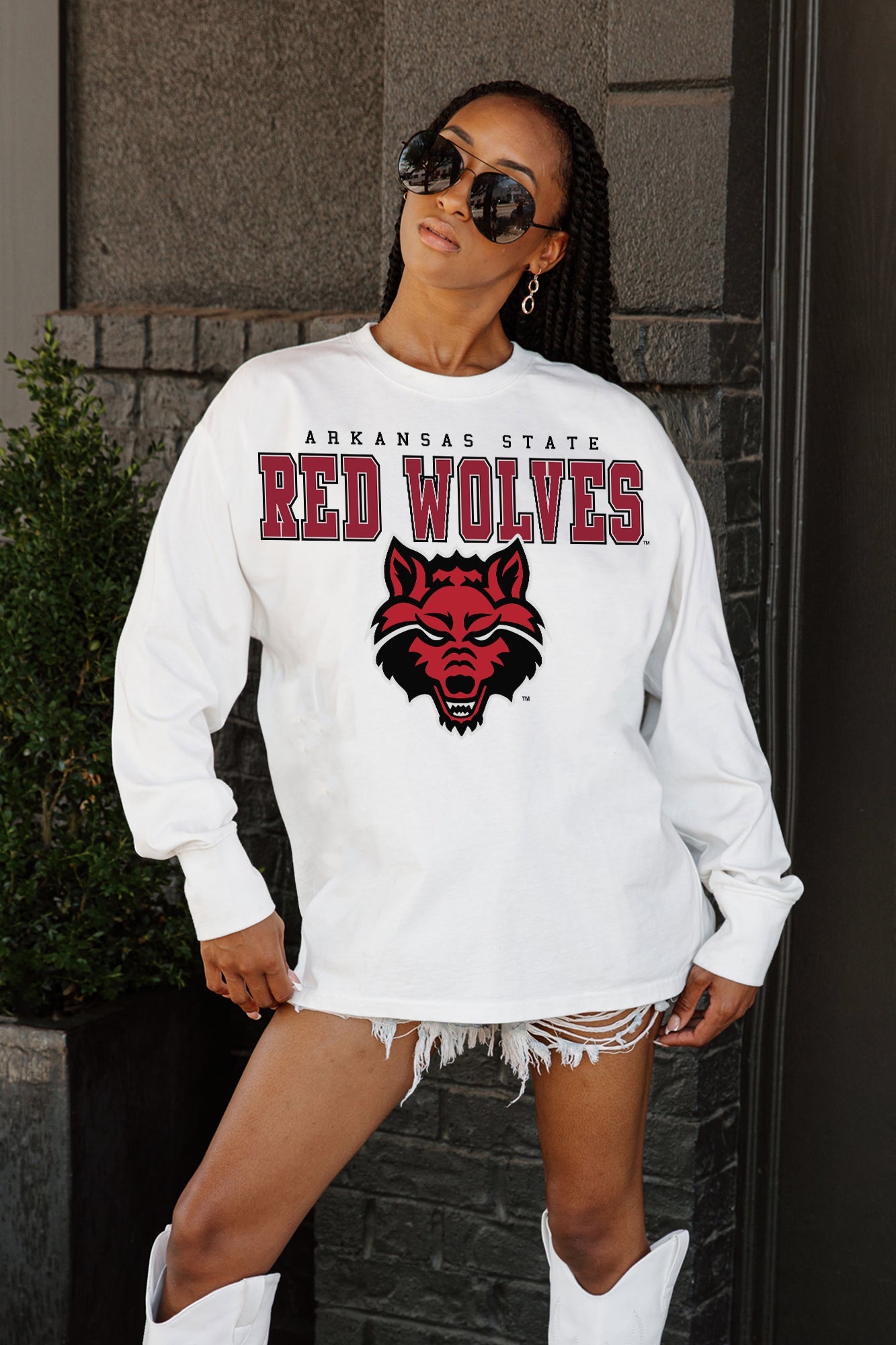 ARKANSAS STATE RED WOLVES BIG GOALS OVERSIZED LONG SLEEVE TEE WITH RIBBED NECKLINE AND CUFFS