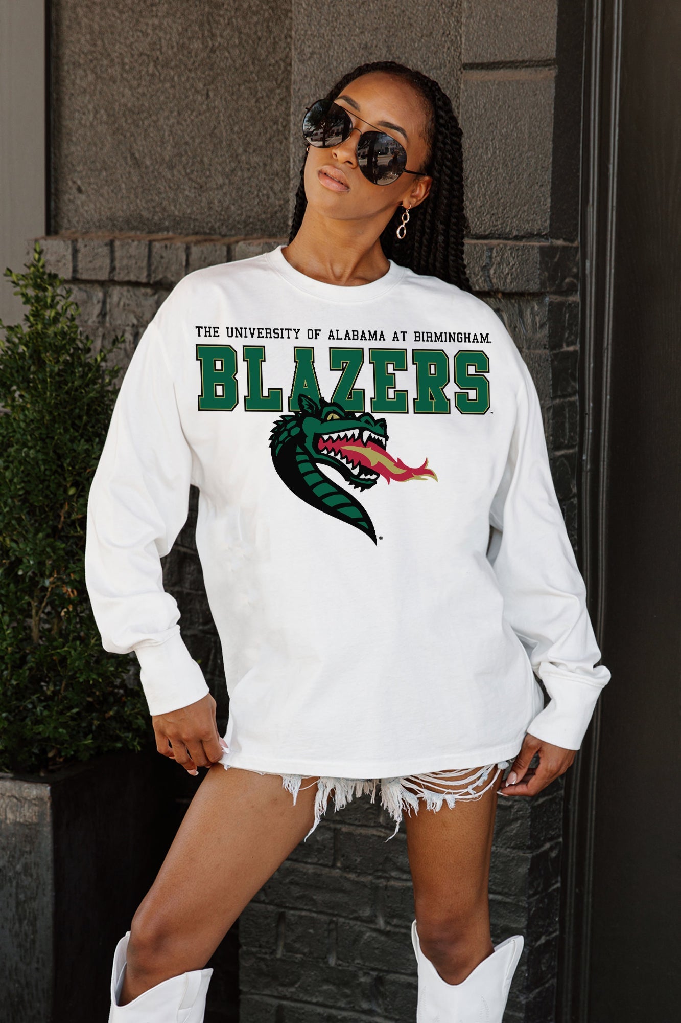 ALABAMA AT BIRMINGHAM BLAZERS BIG GOALS OVERSIZED LONG SLEEVE TEE WITH RIBBED NECKLINE AND CUFFS