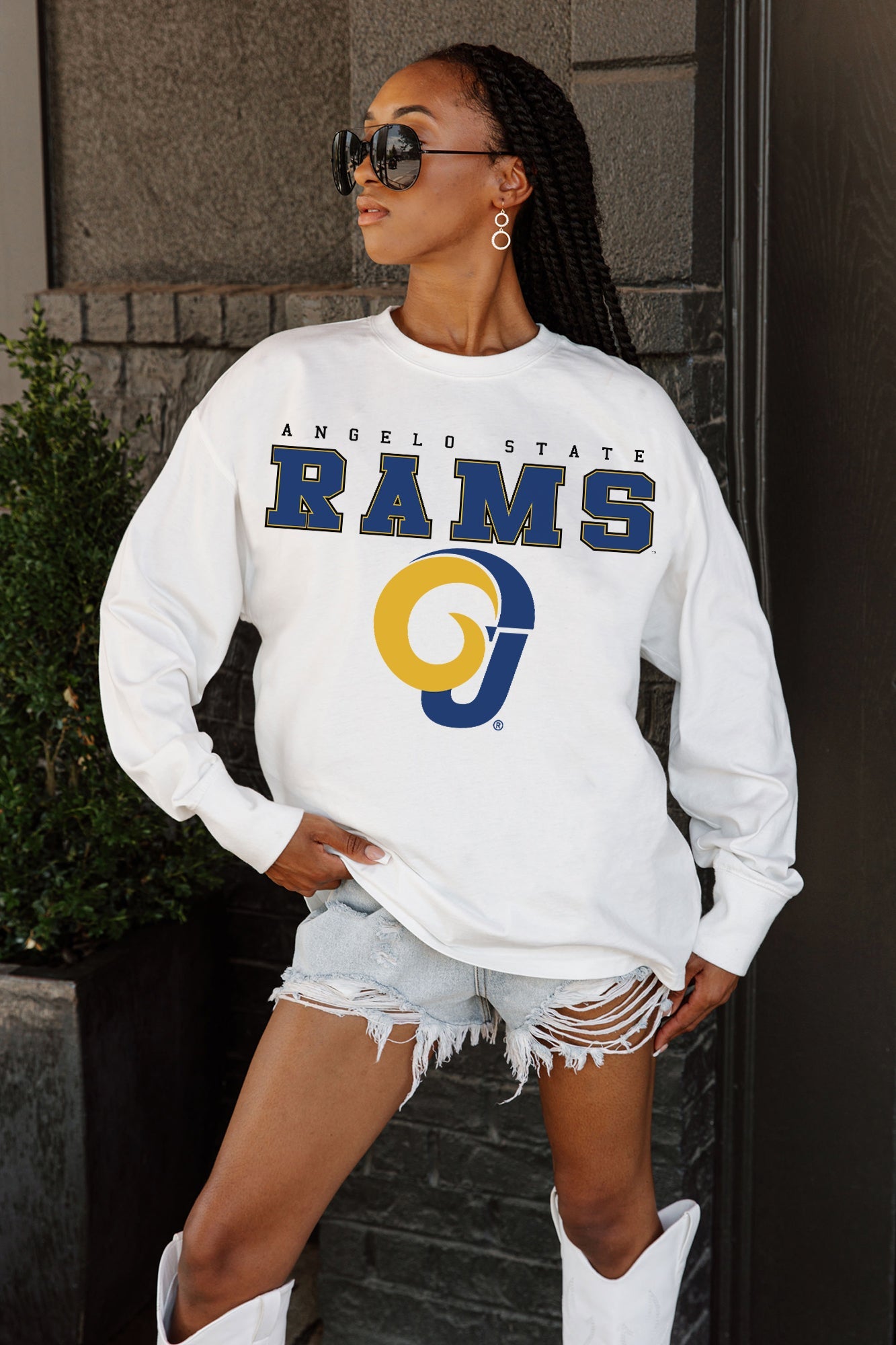 ANGELO STATE RAMS BIG GOALS OVERSIZED LONG SLEEVE TEE WITH RIBBED NECKLINE AND CUFFS