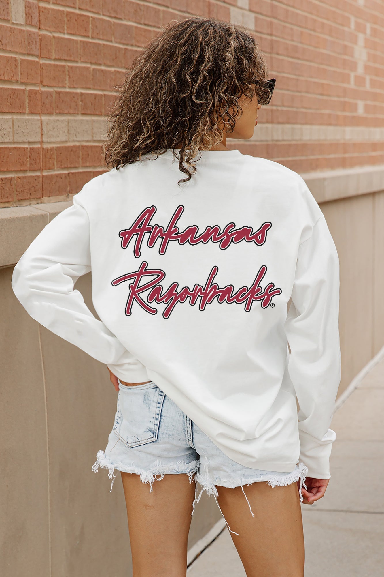 ARKANSAS RAZORBACKS DOUBLE MOVE OVERSIZED LONG SLEEVE TEE WITH RIBBED NECKLINE AND CUFFS
