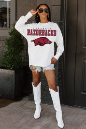 White ARKANSAS RAZORBACKS BIG GOALS OVERSIZED Long Sleeve Tee - Model Full Body | Gameday Couture - SOHO