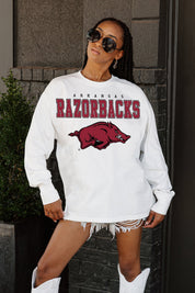 White ARKANSAS RAZORBACKS BIG GOALS OVERSIZED Long Sleeve Tee - Model Portrait View | Gameday Couture - SOHO