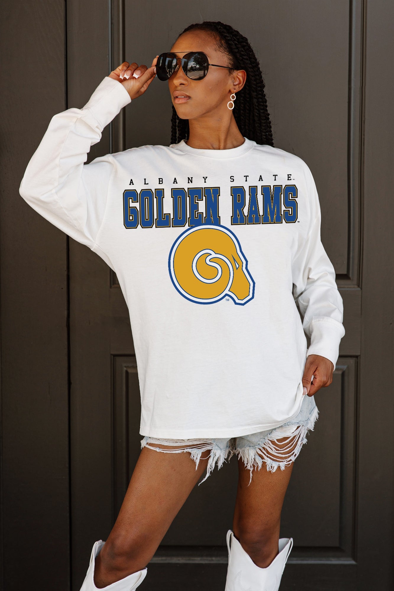 ALBANY STATE GOLDEN RAMS BIG GOALS OVERSIZED LONG SLEEVE TEE WITH RIBBED NECKLINE AND CUFFS
