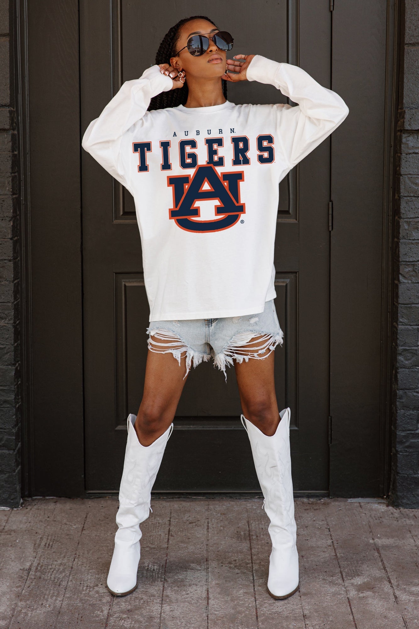 White Auburn Tigers BIG GOALS Oversized Long Sleeve Tee - On Model Front View Arms Raised | Gameday Couture - SOHO