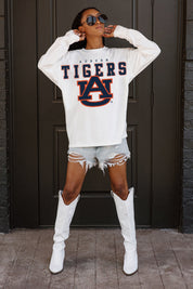 White Auburn Tigers BIG GOALS Oversized Long Sleeve Tee - On Model Front View Arms Raised | Gameday Couture - SOHO