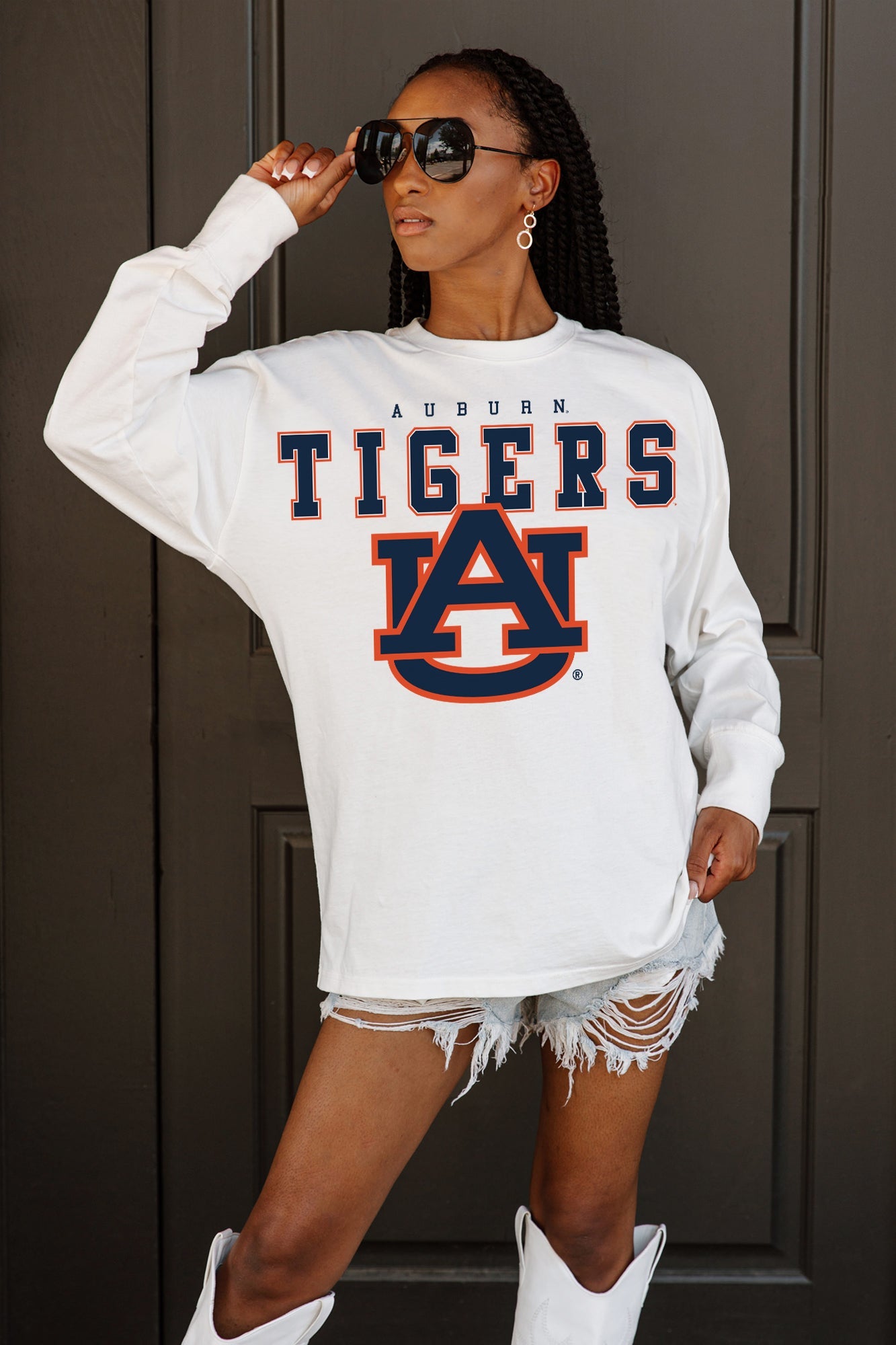White Auburn Tigers BIG GOALS Oversized Long Sleeve Tee - Close-Up AU Logo Graphic On Model | Gameday Couture - SOHO