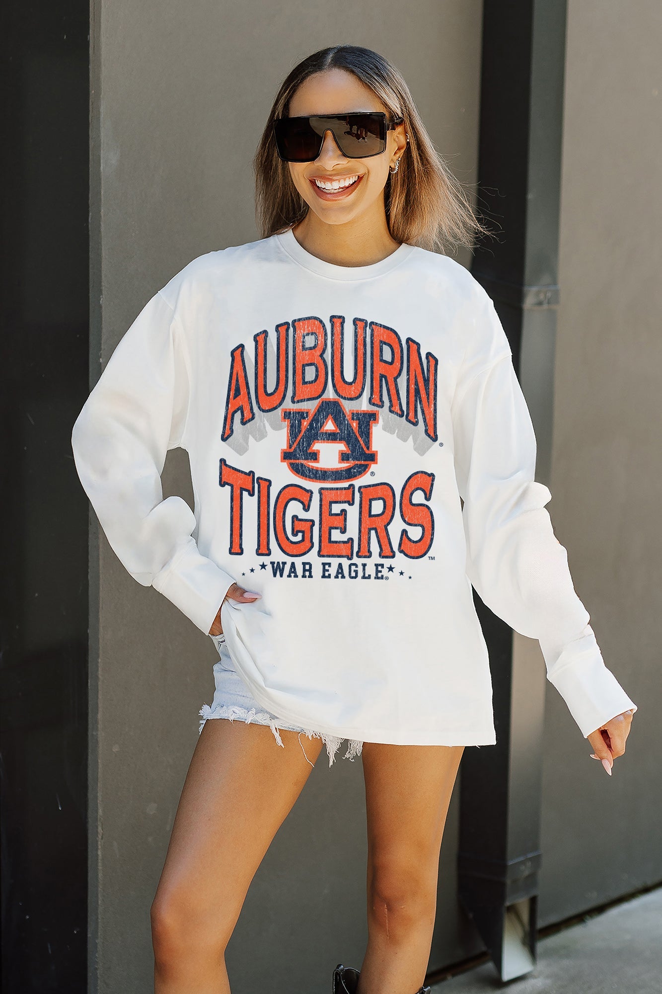 White Auburn Tigers Time Out Oversized Long Sleeve Tee - On Model Front | Gameday Couture - SOHO