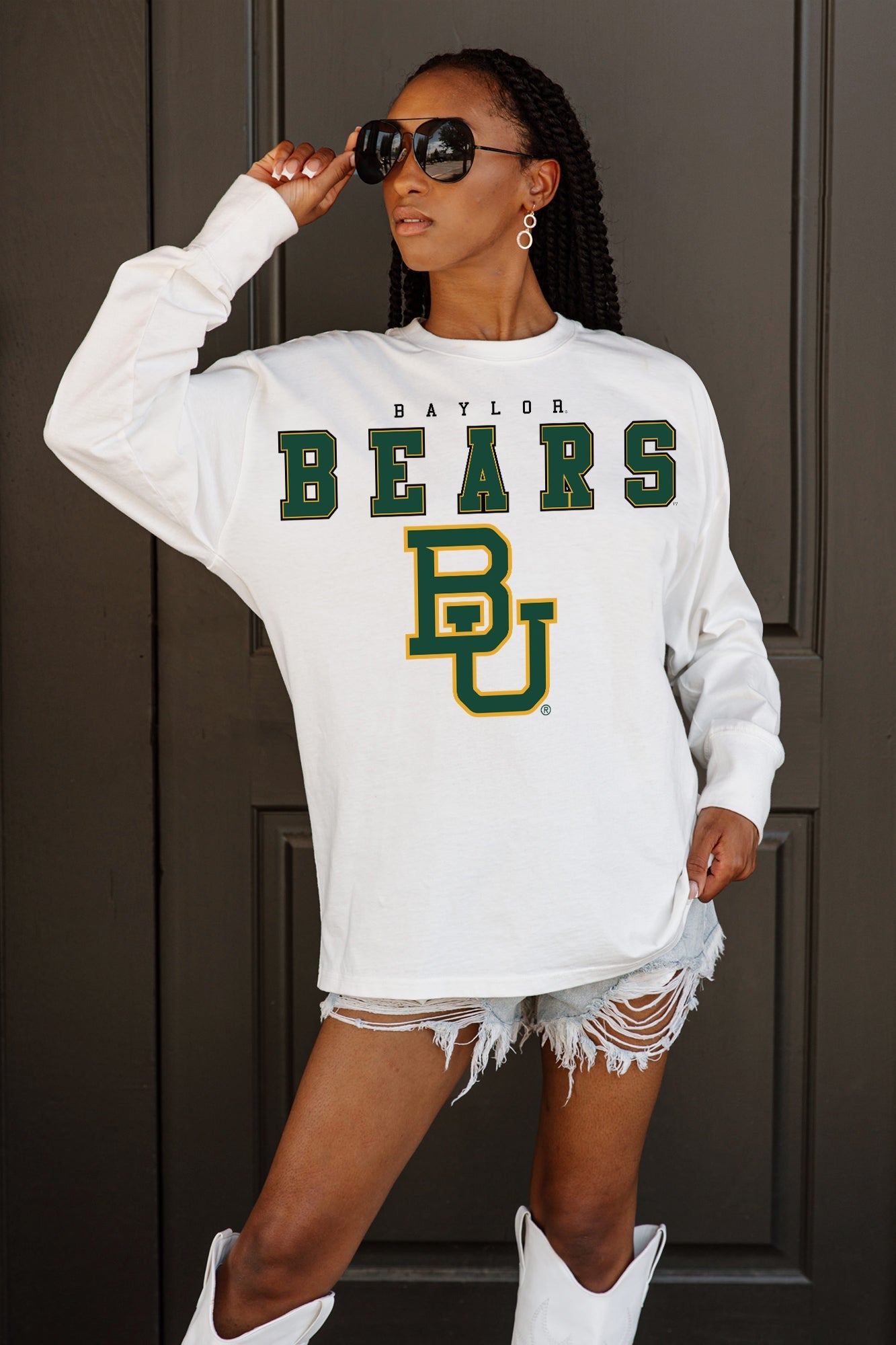 BAYLOR BEARS BIG GOALS OVERSIZED LONG SLEEVE TEE WITH RIBBED NECKLINE AND CUFFS