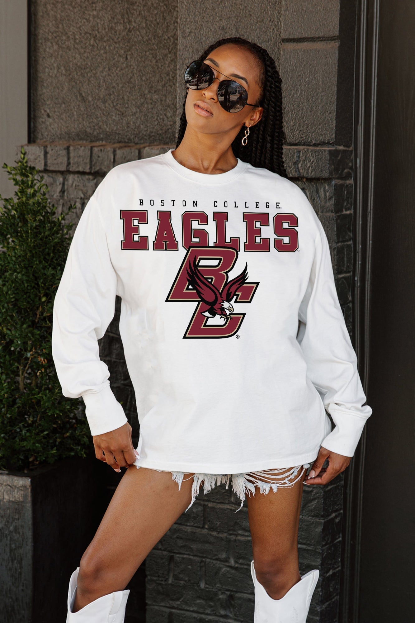 BOSTON COLLEGE EAGLES BIG GOALS OVERSIZED LONG SLEEVE TEE WITH RIBBED NECKLINE AND CUFFS