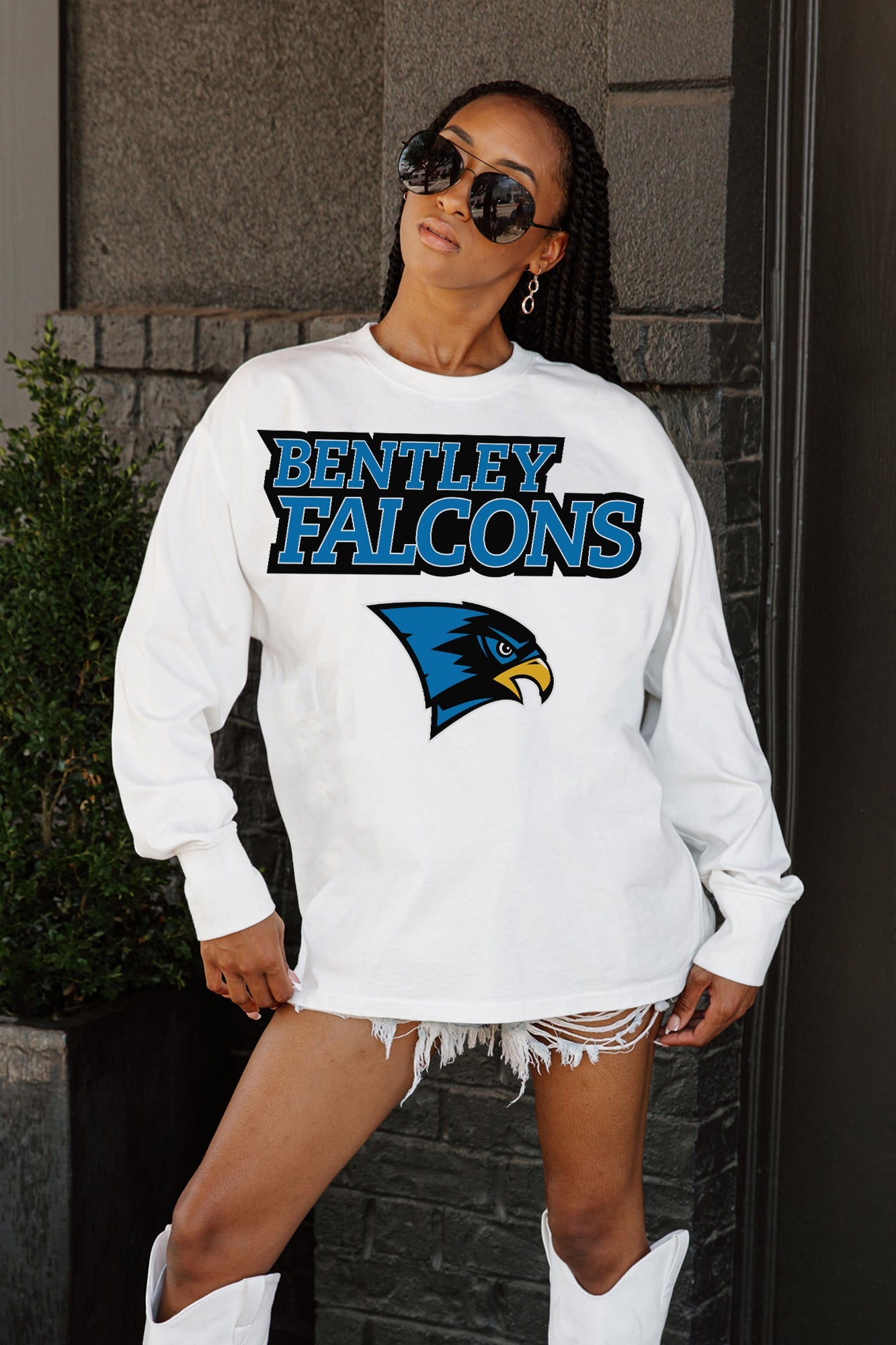 BENTLEY FALCONS BIG GOALS OVERSIZED LONG SLEEVE TEE WITH RIBBED NECKLINE AND CUFFS