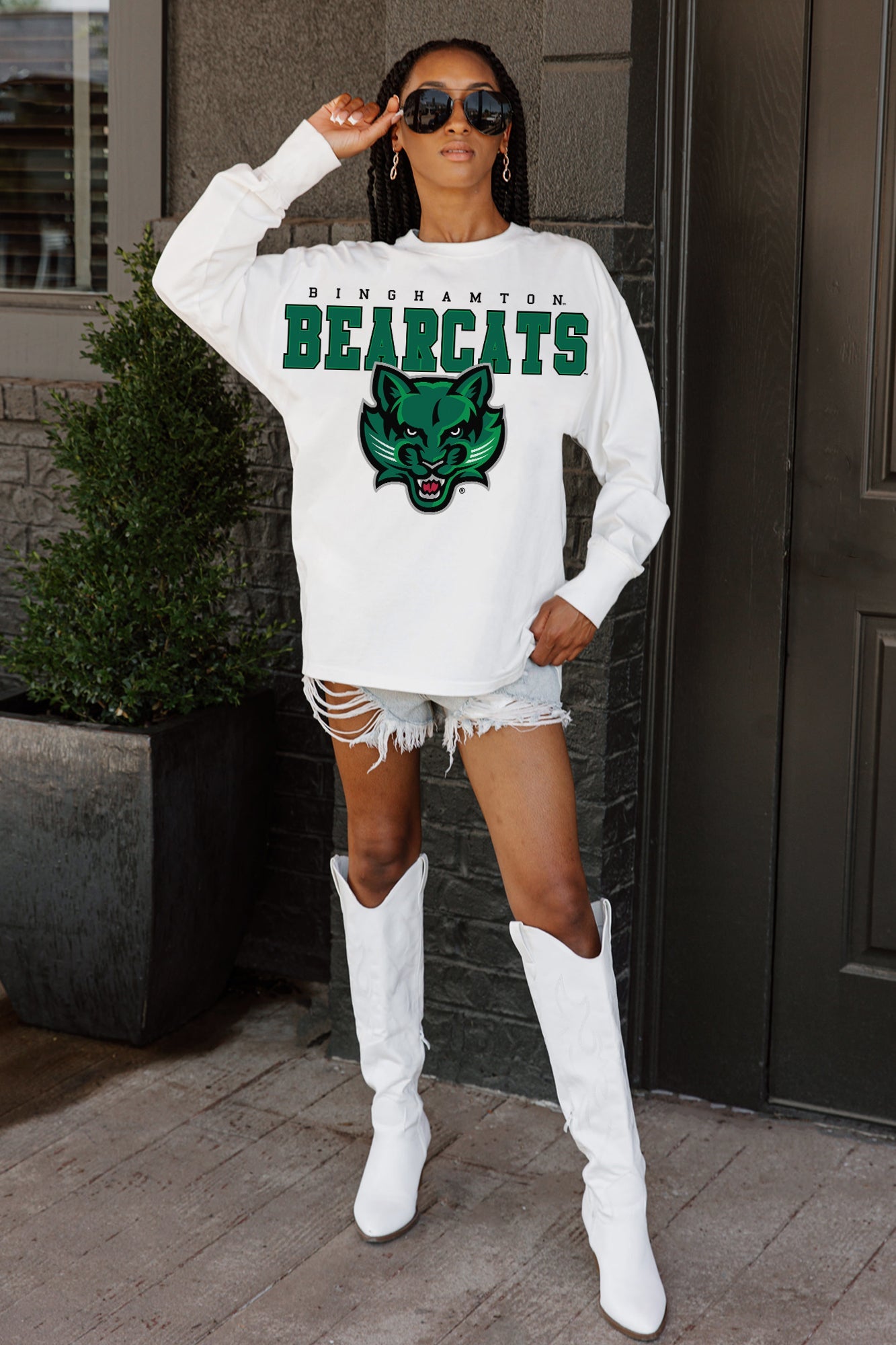 BINGHAMTON BEARCATS BIG GOALS OVERSIZED LONG SLEEVE TEE WITH RIBBED NECKLINE AND CUFFS