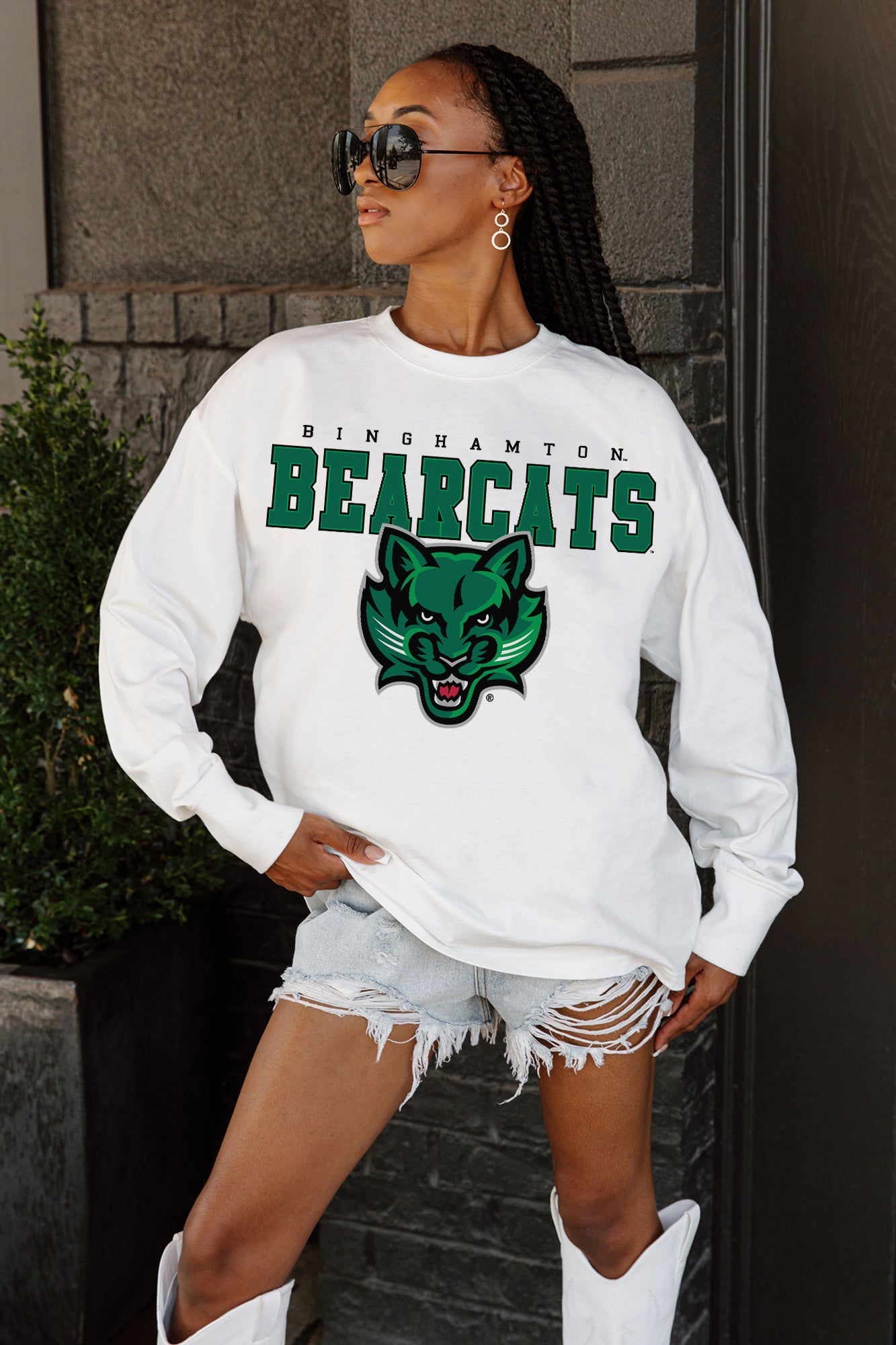BINGHAMTON BEARCATS BIG GOALS OVERSIZED LONG SLEEVE TEE WITH RIBBED NECKLINE AND CUFFS