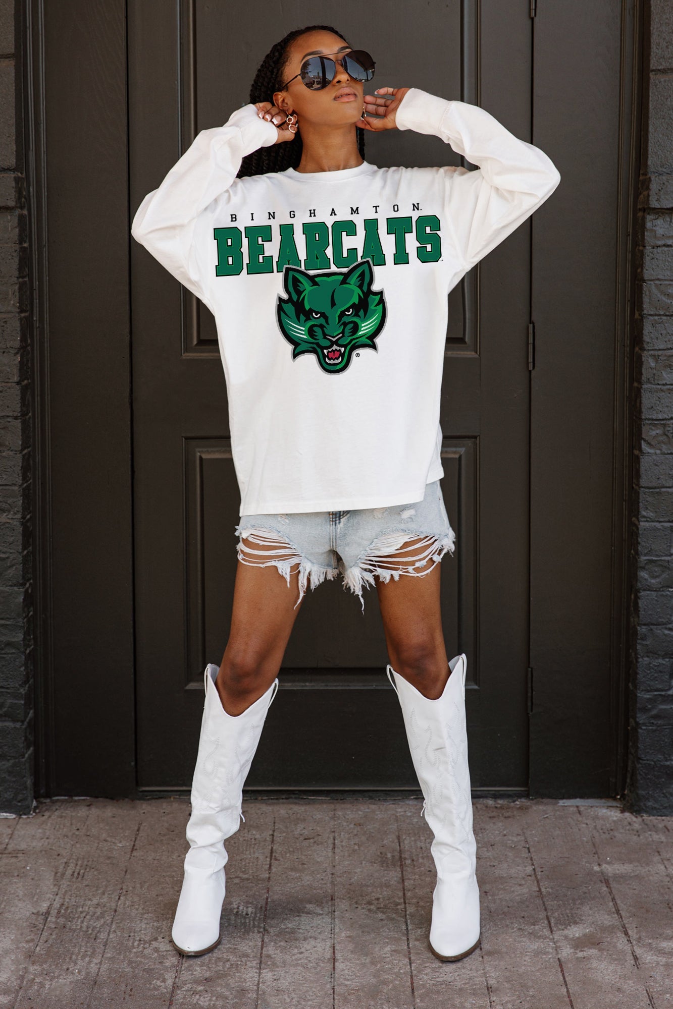 BINGHAMTON BEARCATS BIG GOALS OVERSIZED LONG SLEEVE TEE WITH RIBBED NECKLINE AND CUFFS