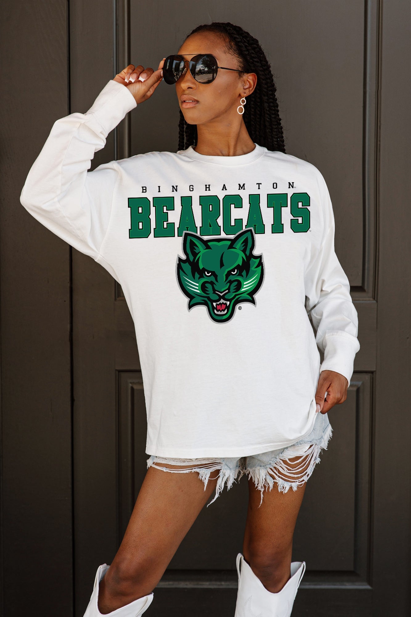 BINGHAMTON BEARCATS BIG GOALS OVERSIZED LONG SLEEVE TEE WITH RIBBED NECKLINE AND CUFFS