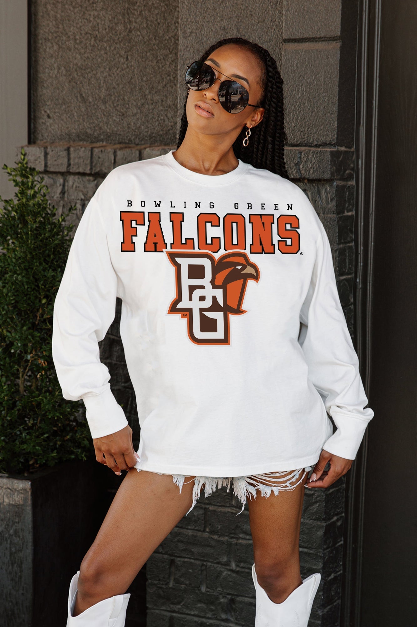 BOWLING GREEN FALCONS BIG GOALS OVERSIZED LONG SLEEVE TEE WITH RIBBED NECKLINE AND CUFFS
