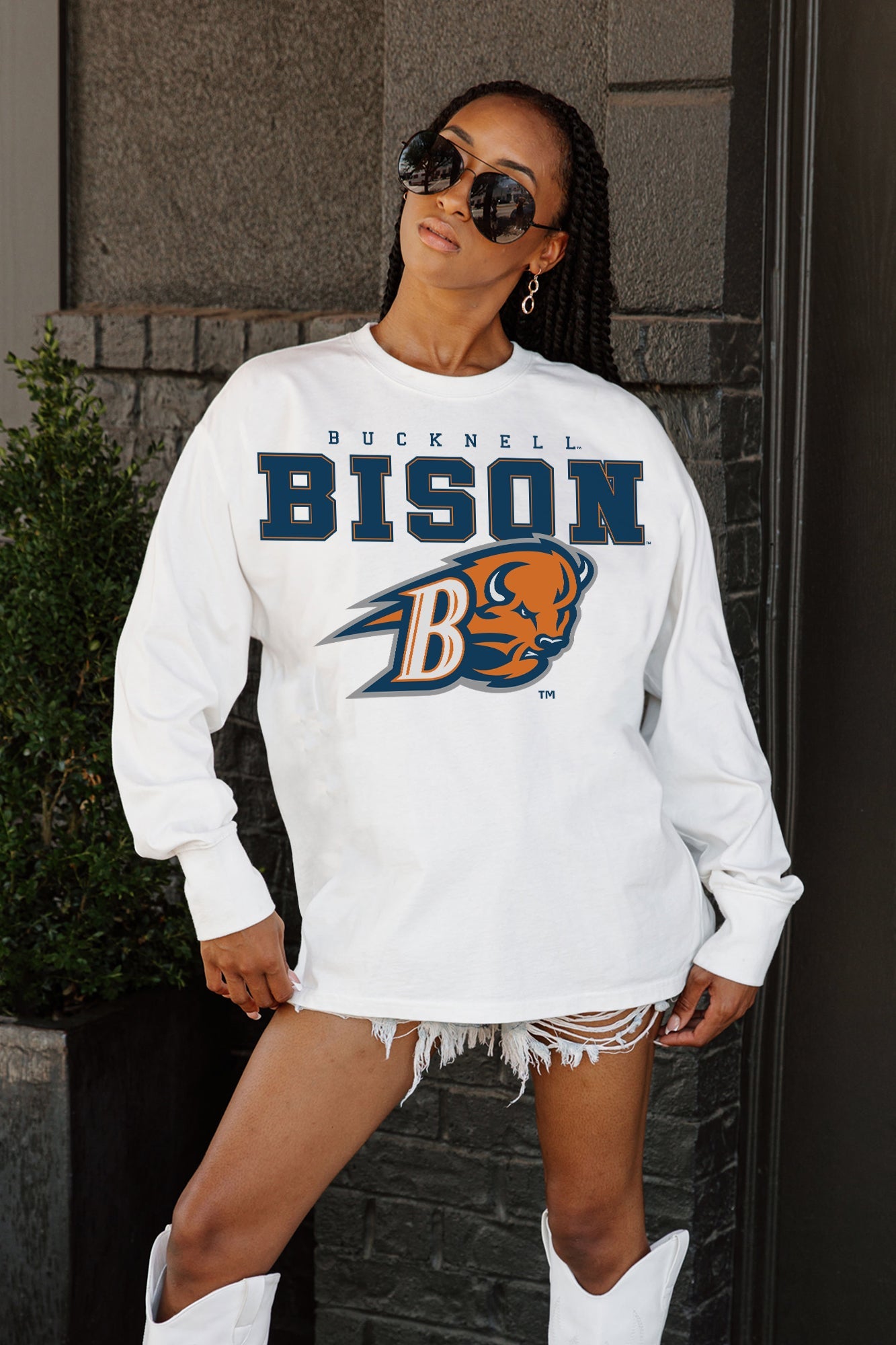 BUCKNELL BISON BIG GOALS OVERSIZED LONG SLEEVE TEE WITH RIBBED NECKLINE AND CUFFS