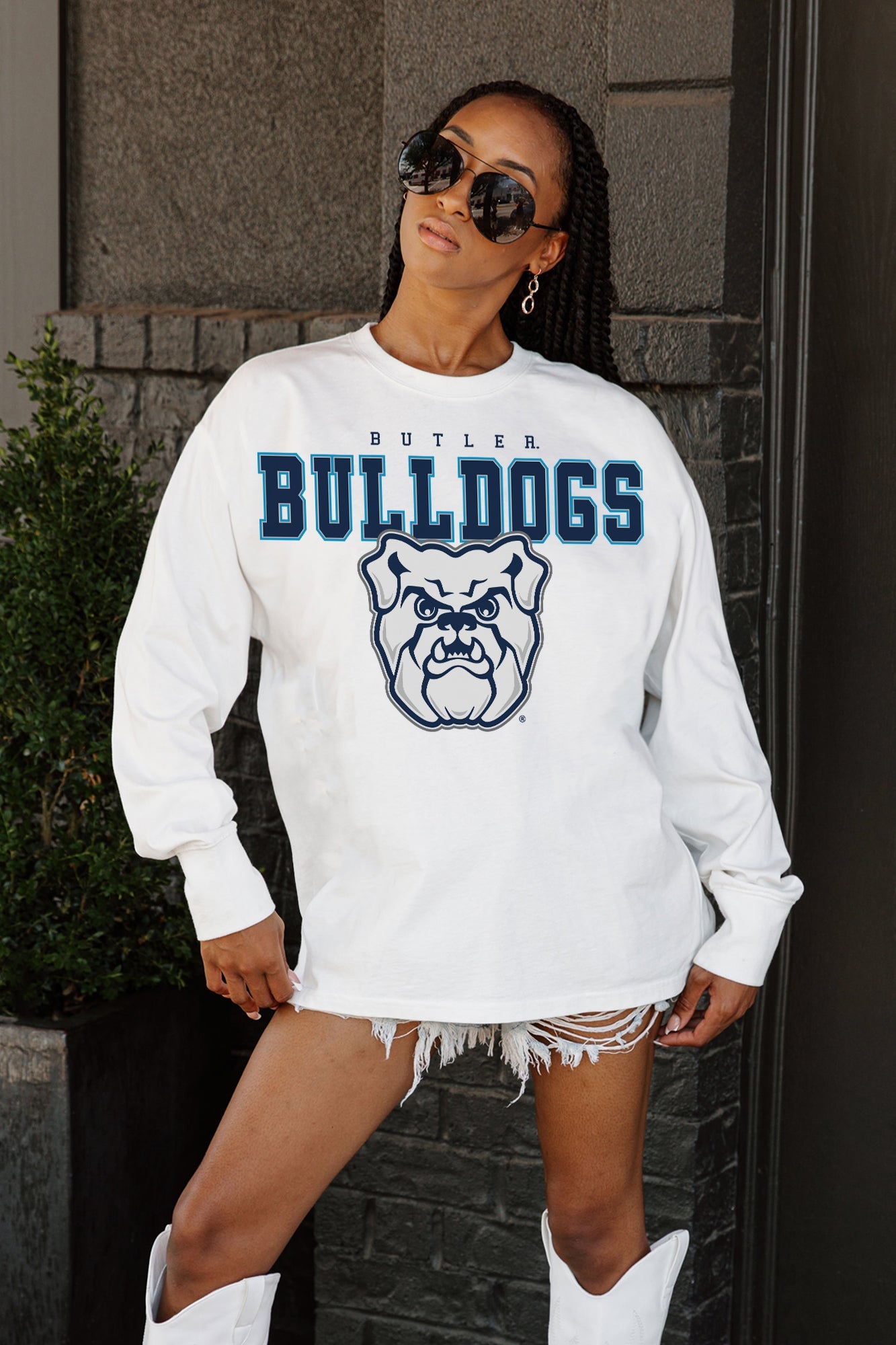 BUTLER BULLDOGS BIG GOALS OVERSIZED LONG SLEEVE TEE WITH RIBBED NECKLINE AND CUFFS