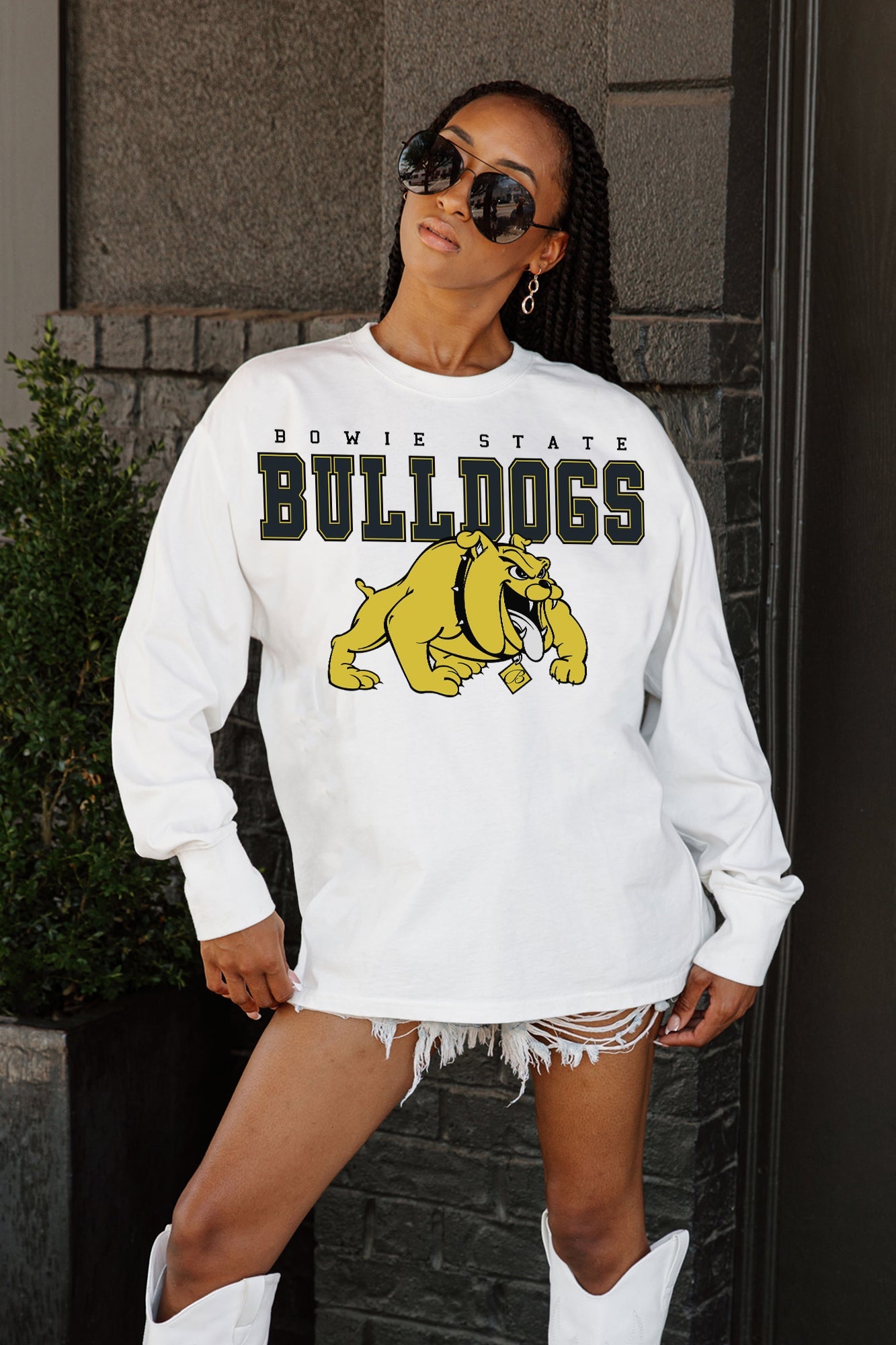 BOWIE STATE BULLDOGS BIG GOALS OVERSIZED LONG SLEEVE TEE WITH RIBBED NECKLINE AND CUFFS