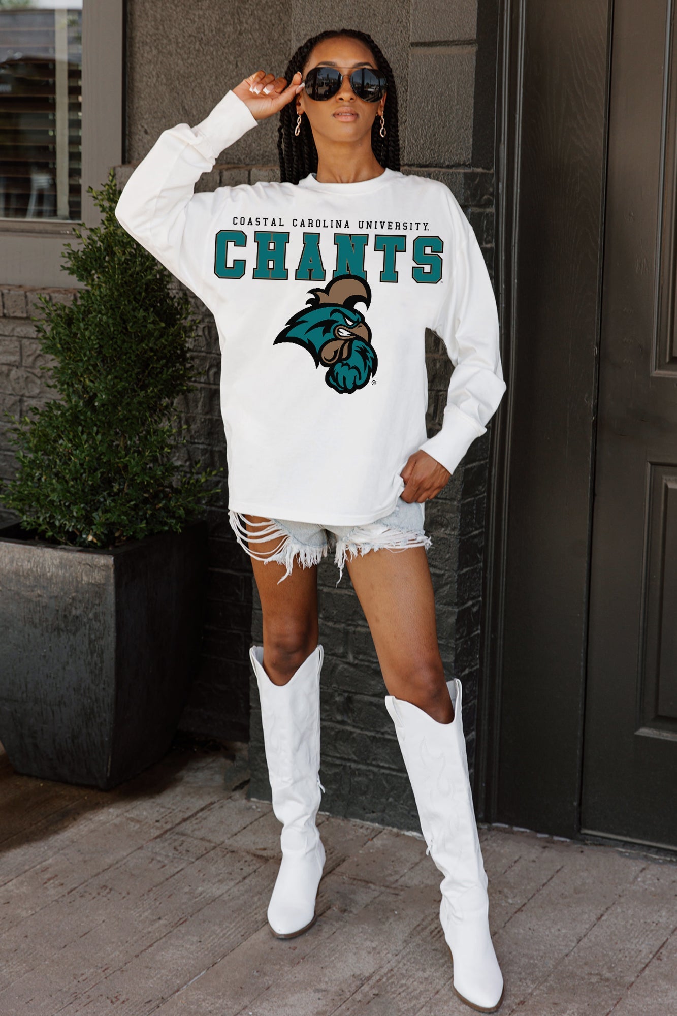 COASTAL CAROLINA CHANTICLEERS BIG GOALS OVERSIZED LONG SLEEVE TEE WITH RIBBED NECKLINE AND CUFFS