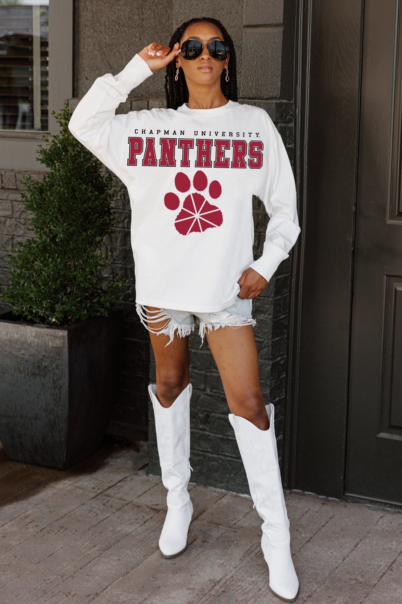 White Chapman University Panthers BIG GOALS Oversized Long Sleeve Tee - Full Length On Model | Gameday Couture - SOHO