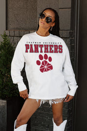 White Chapman University Panthers BIG GOALS Oversized Long Sleeve Tee - Relaxed Fit Close Up On Model | Gameday Couture - SOHO