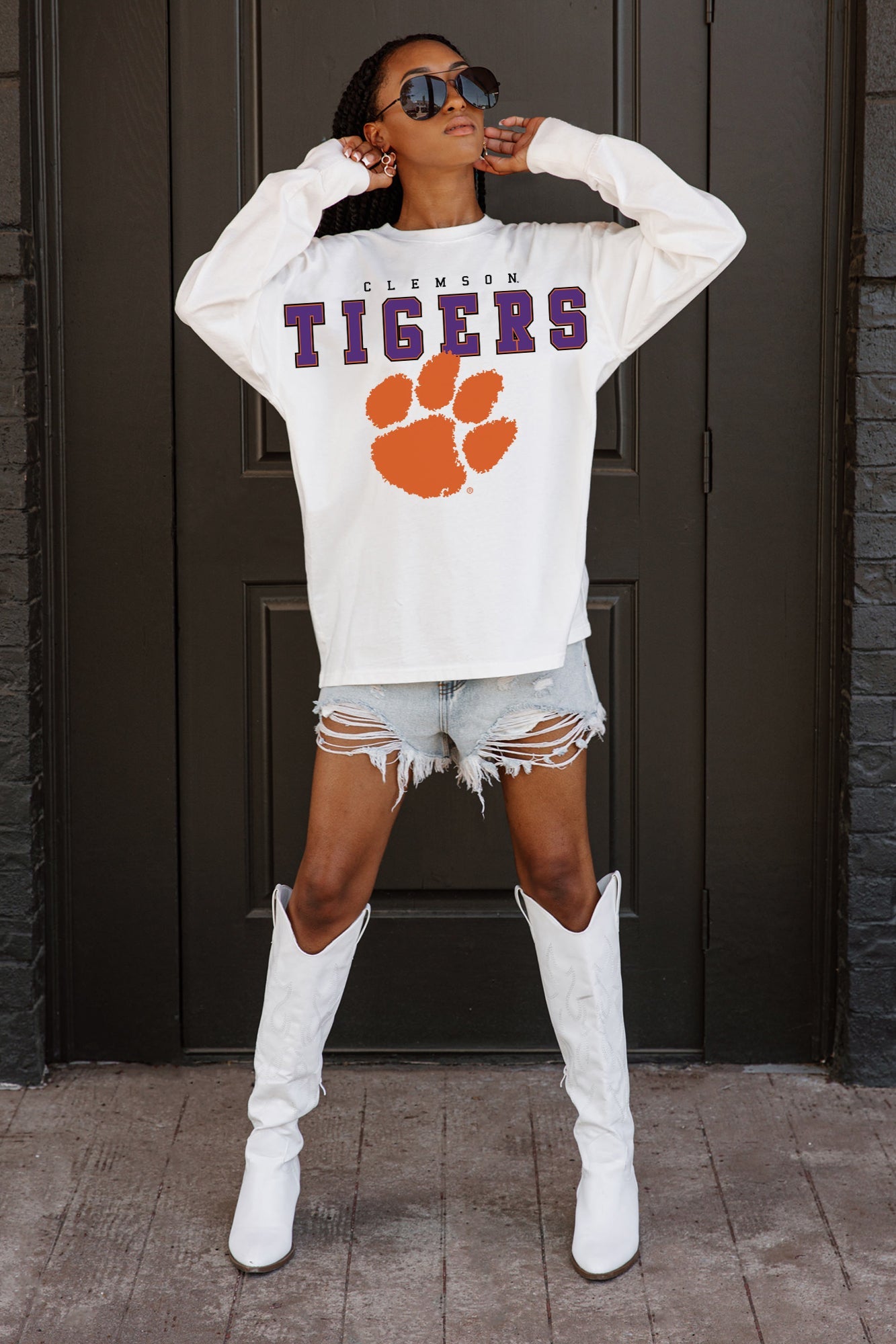 CLEMSON TIGERS BIG GOALS OVERSIZED LONG SLEEVE TEE WITH RIBBED NECKLINE AND CUFFS