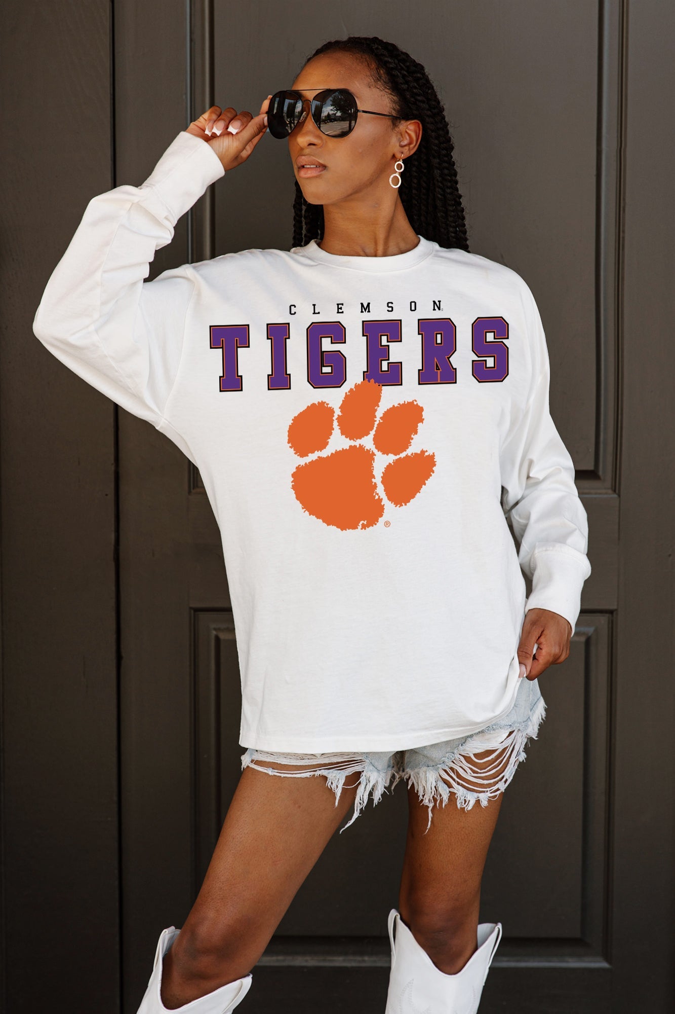 CLEMSON TIGERS BIG GOALS OVERSIZED LONG SLEEVE TEE WITH RIBBED NECKLINE AND CUFFS