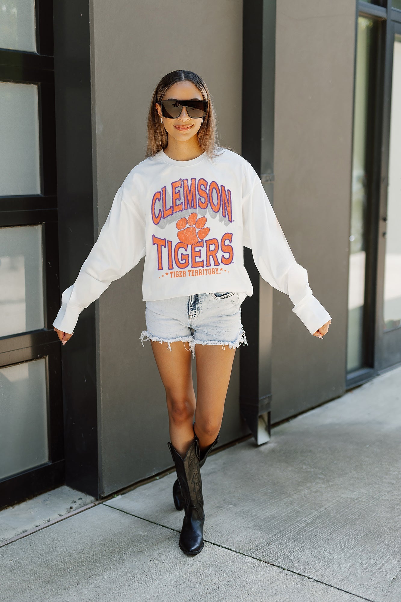CLEMSON TIGERS TIME OUT OVERSIZED LONG SLEEVE TEE WITH RIBBED NECKLINE AND CUFFS