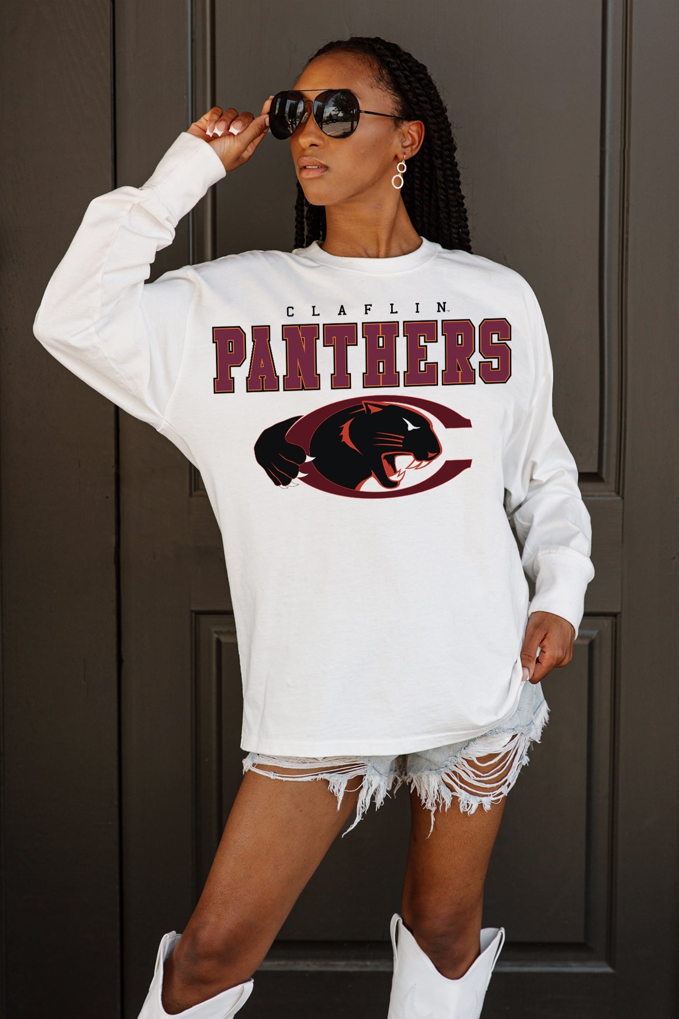 CLAFLIN PANTHERS BIG GOALS OVERSIZED LONG SLEEVE TEE WITH RIBBED NECKLINE AND CUFFS