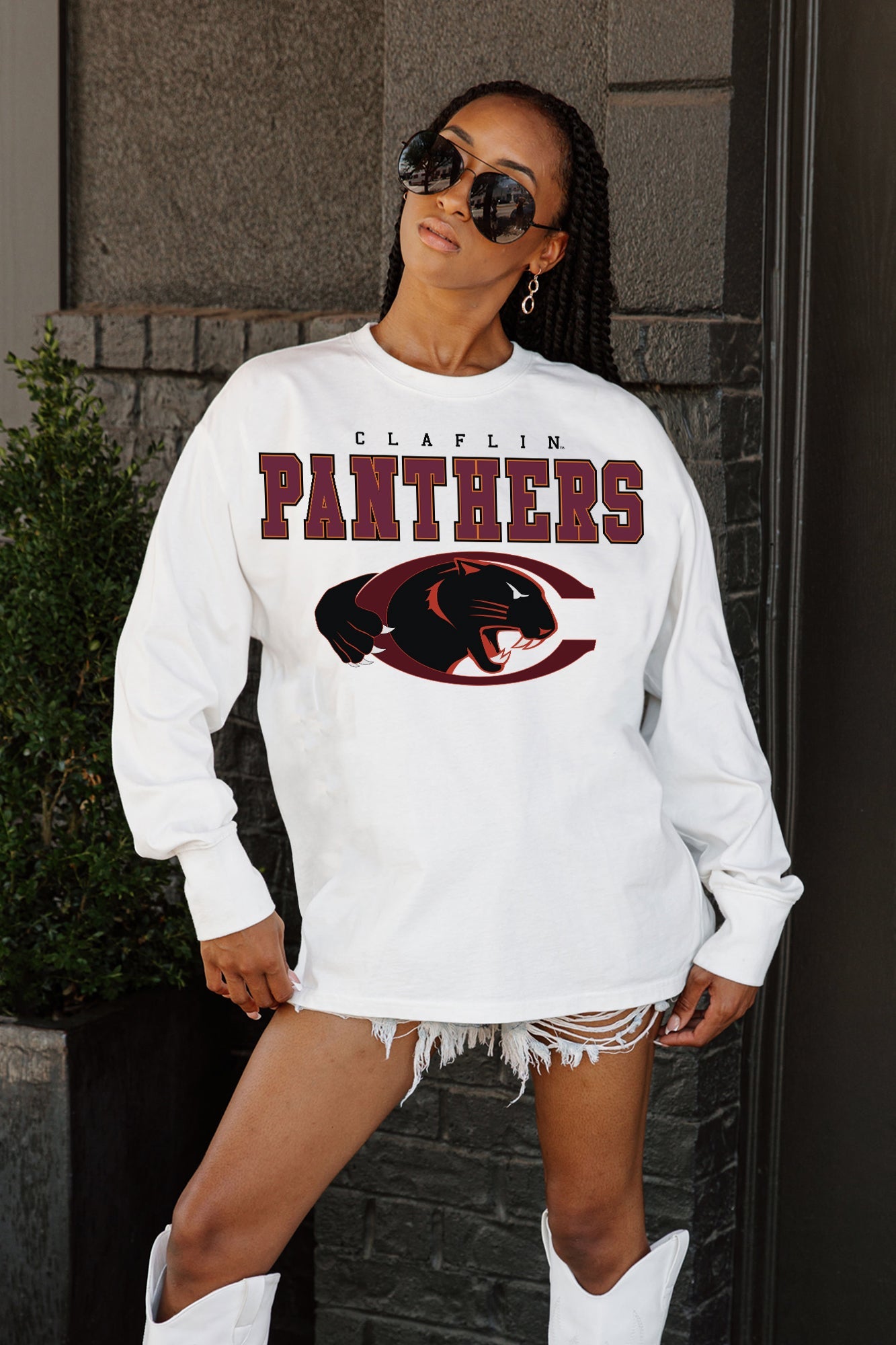 CLAFLIN PANTHERS BIG GOALS OVERSIZED LONG SLEEVE TEE WITH RIBBED NECKLINE AND CUFFS